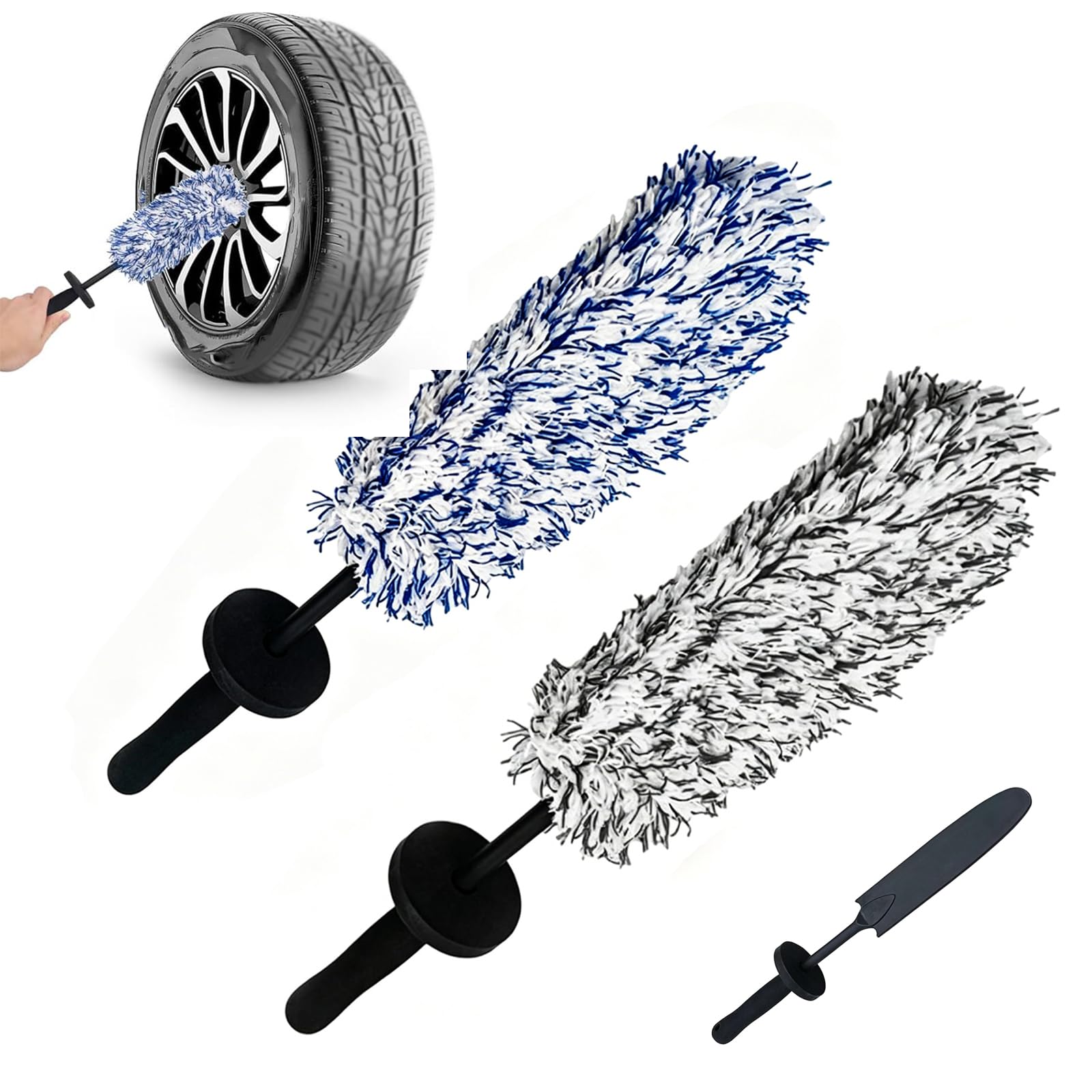 Zqbxhdzw Black + Blue Microfibre Wheel Cleaning Brush Kit,Non-Scratch Rim Tyre Brush,Flat Long Handle Detailing Brushes For Alloy Wheels,Spokes,Barrels,Car Truck Motorcycle,No Metal Soft Bristles(Black + Blue)