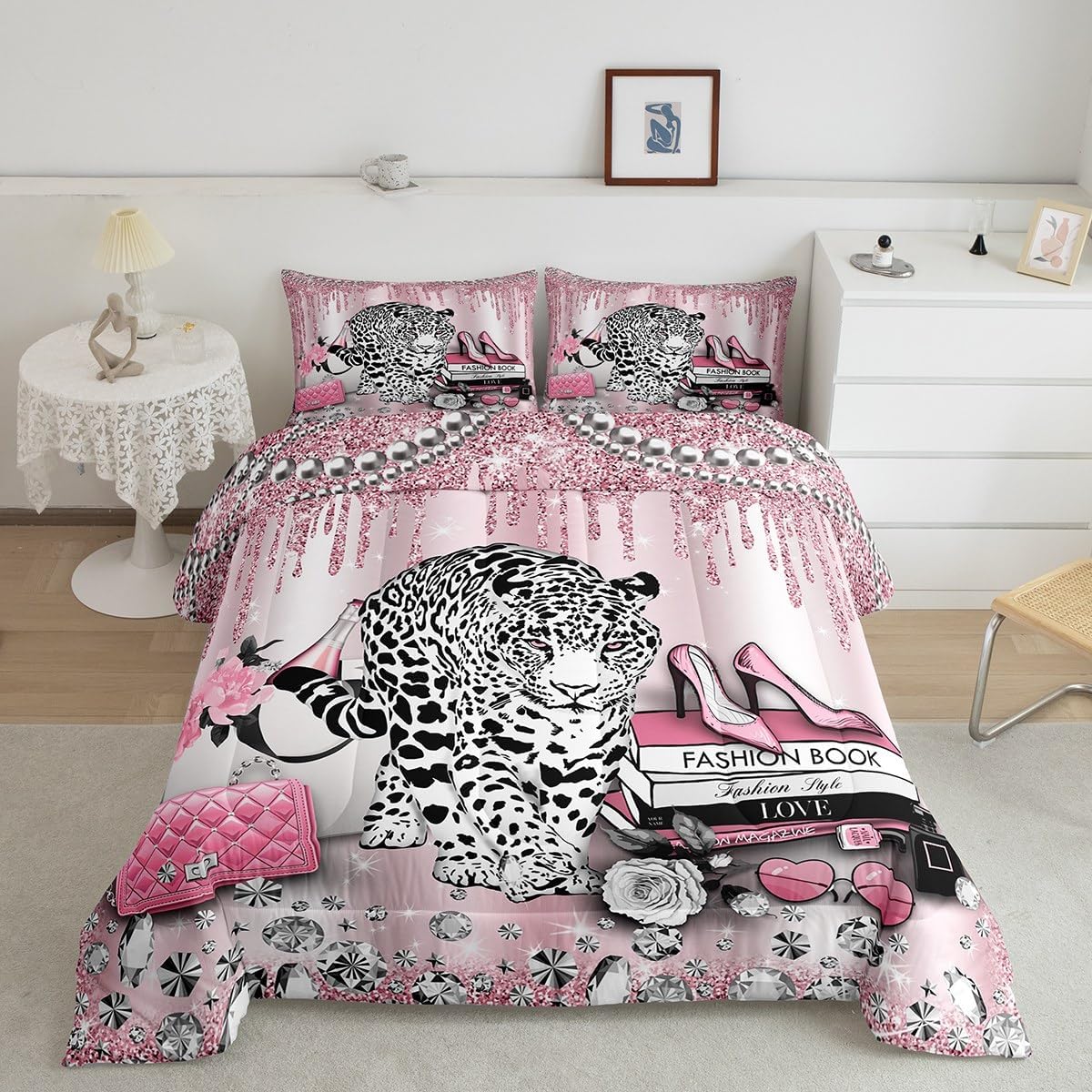 Girls Black White Leopard Cheetah Print Comforter Set Twin