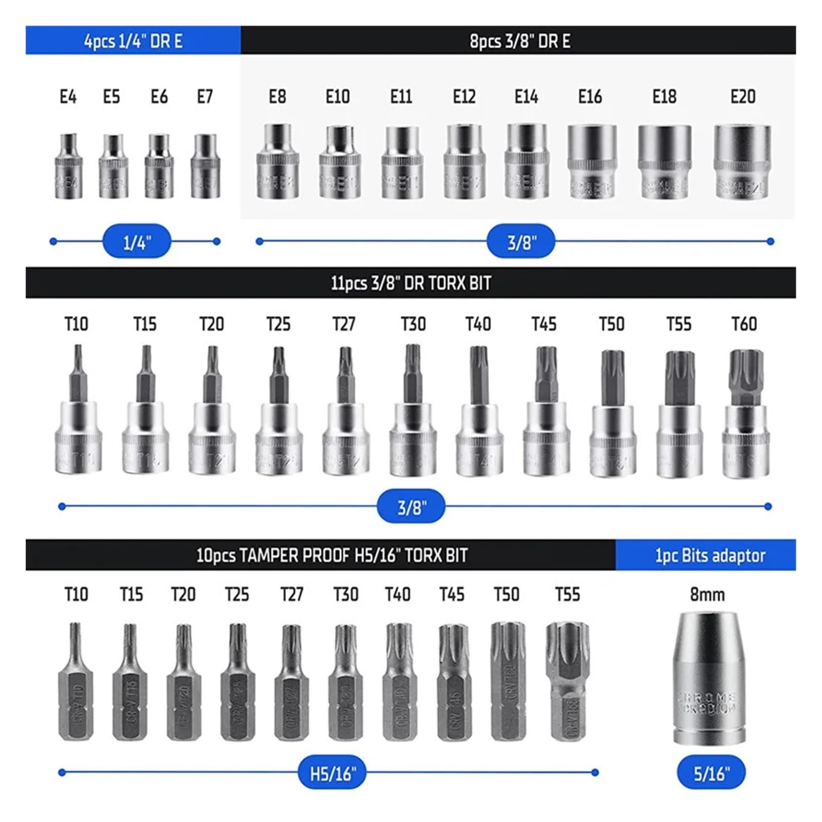 Zestaw nasadek Torx Star Bit 1/4 "3/8" 1/2 "męski żeński sterownik E Torx Star Bit chromowo-wanadowy jasny chrom (Color : 29PCS)