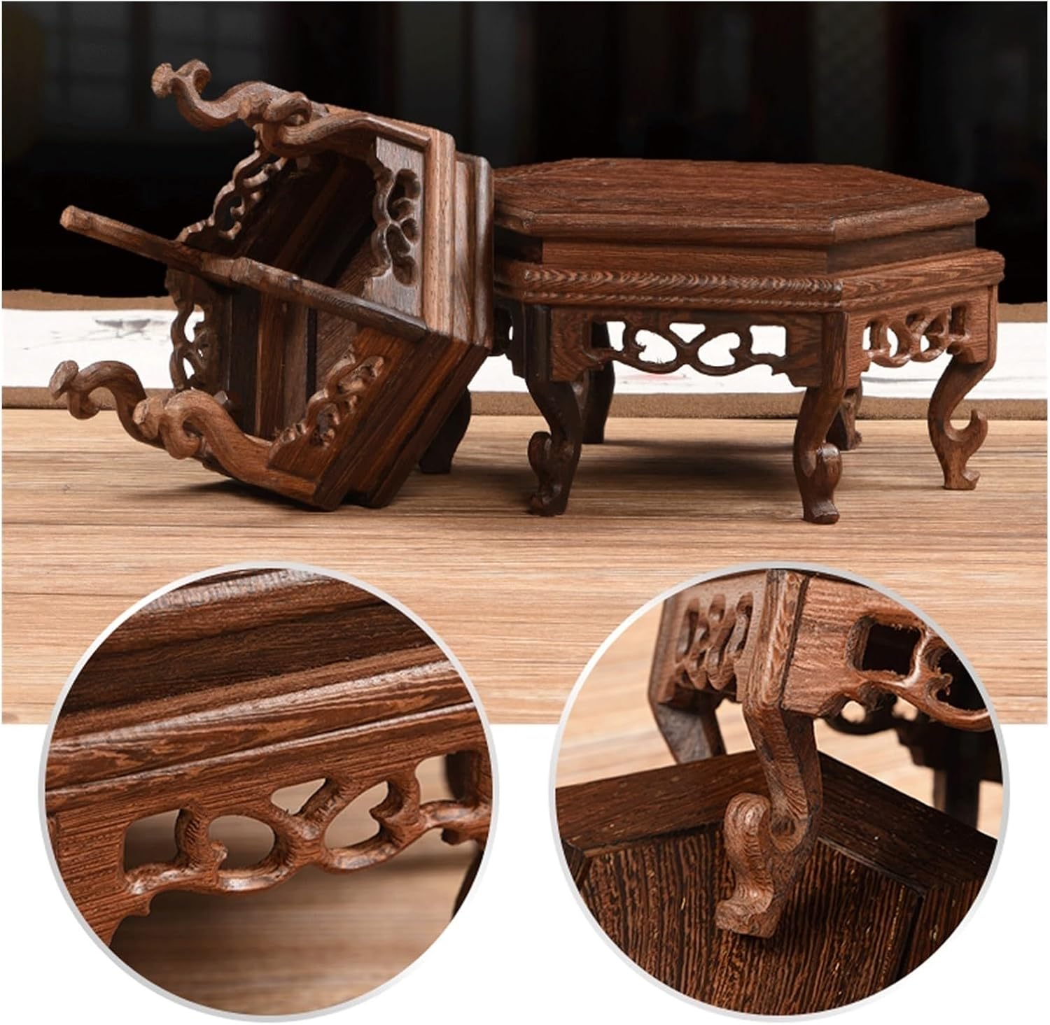 BABETT Bonsai Pedestal Vase Pedestal Stands Potted Base Wood Carving Handicraft Vase Decoration Wooden Vase Base Round Bonsai Buddha Fish Tank Base Planter Stand Plant Holder (Size : A)