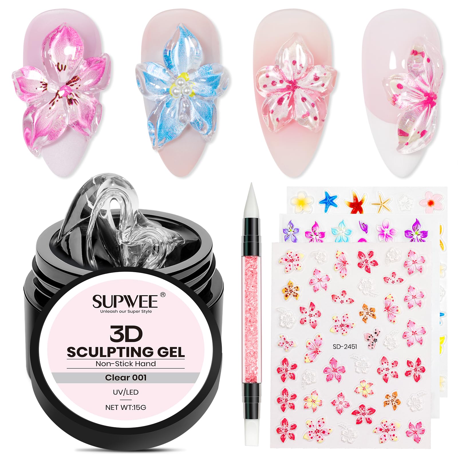 SUPWEE Klar 3D Skulptur Gel, 15g Multifunctional Modelliergel für Nägel Antihaft 3D Gel Nail Art mit Blumenaufkleber und Nagel Pinsel Salon DIY zu Hause