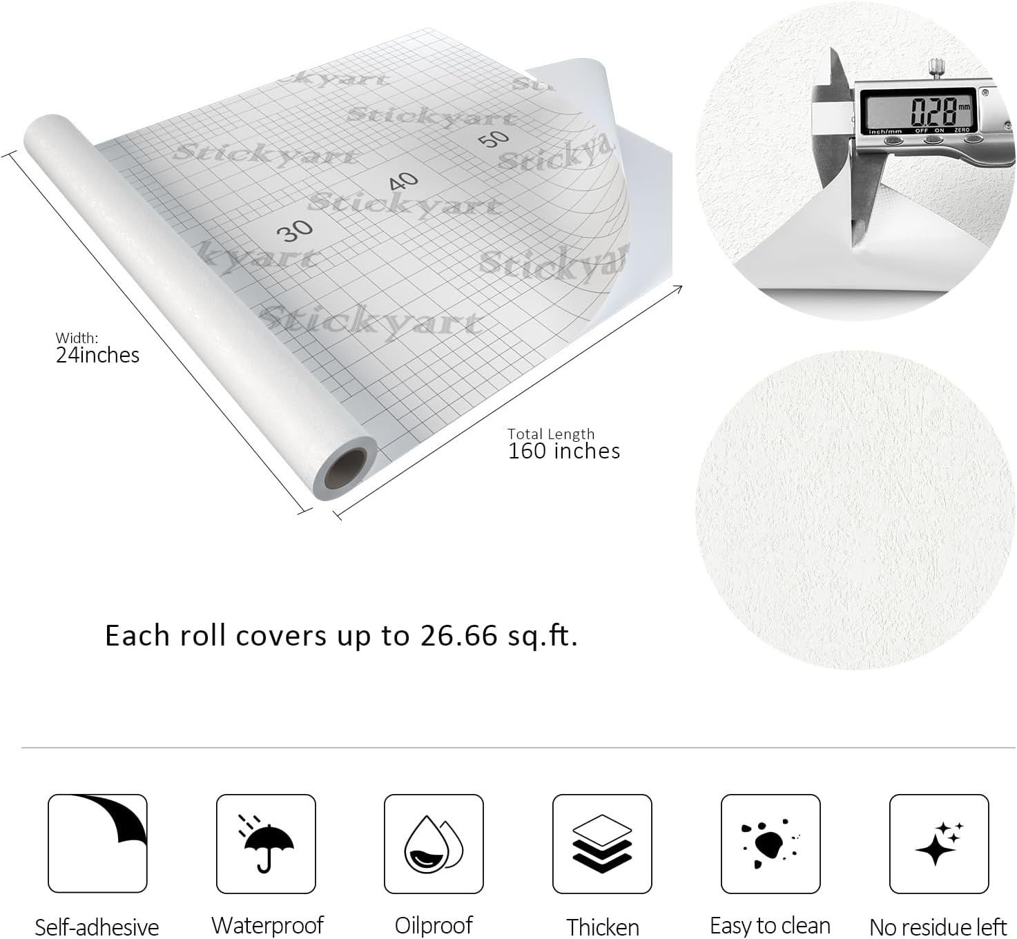 Stickyart 24"x160" White Concrete Wallpaper Peel and Stick Extra Thick Plaster Textured Embossed Wall Paper Vintage White Concrete Contact Paper for Bedroom Cabinets Industrial Wallpaper Cement Roll