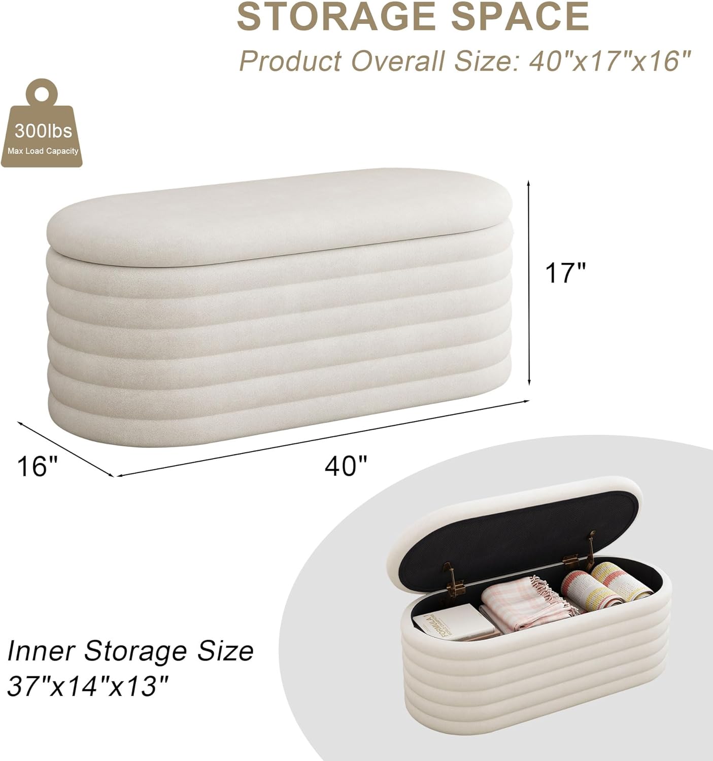 Ball & Cast Storage Ottoman 40" Upholstered Fabric Bench with 37" Inner Storage Compartment,End of Bed Stool with Safety Hinge,for Living Room/Bedroom/Entryway,White