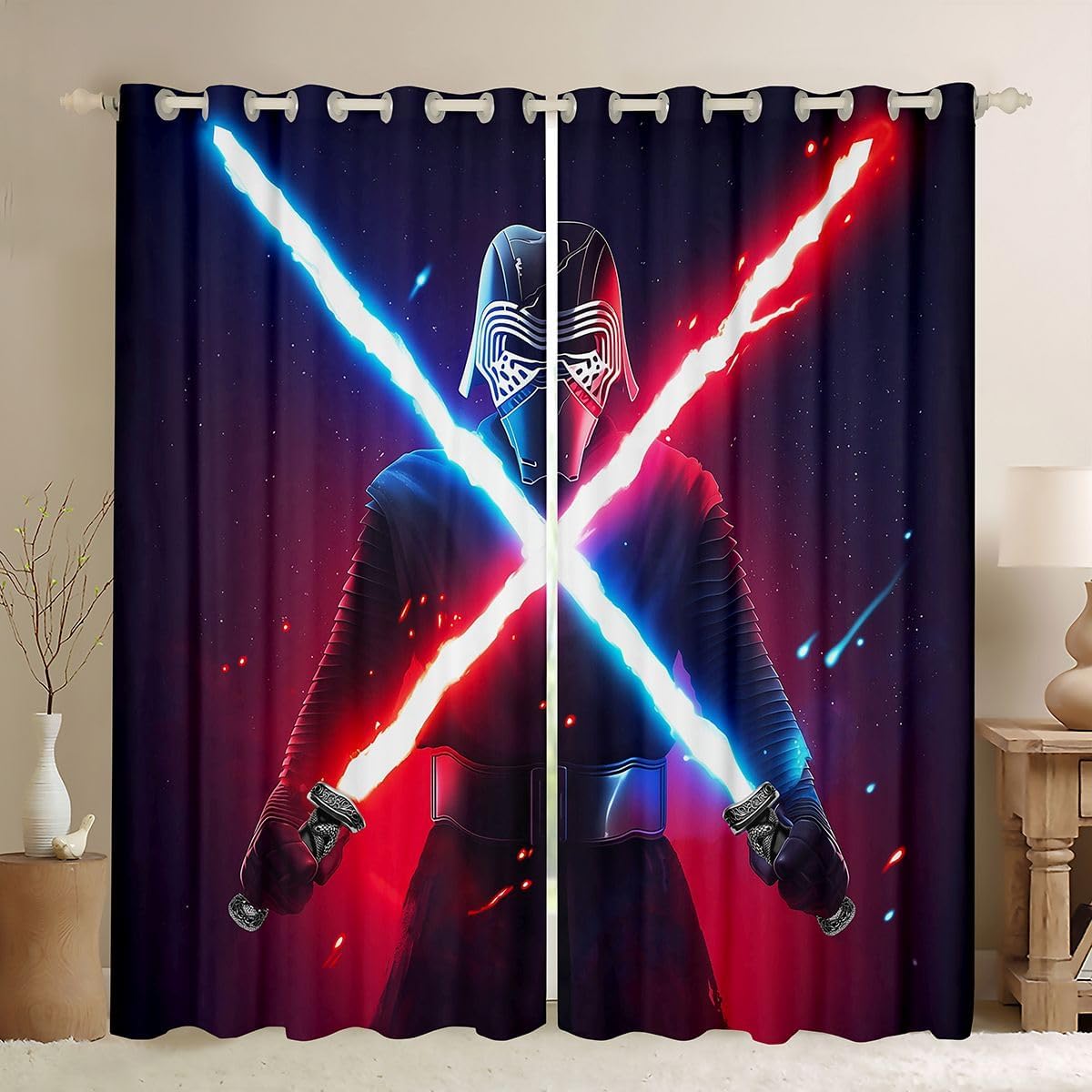 Feelyou Kids Lightsaber Curtains 3D Galaxy Neon Blue Red Window Curtains for Bedroom Living Room Fighters Lightsaber Window Drapes Neon Lightsaber Blackout Curtains, 42W X 63L,2 Panels