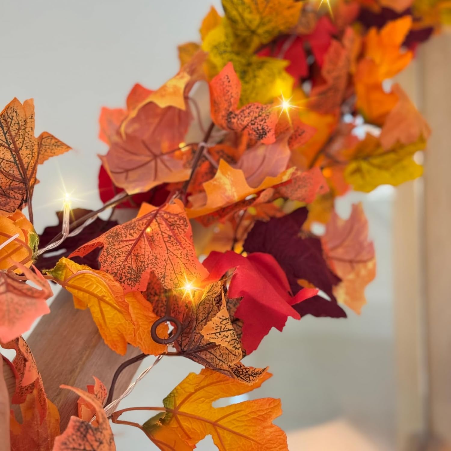 CQURE 3 Pack Fall Leaf Garland with Lights, Total 17.7 Ft String Lights Fall Vines Autumn Garland Artificial Maple Fall Leaves Thanksgiving Decor for Home Wedding Fireplace Party