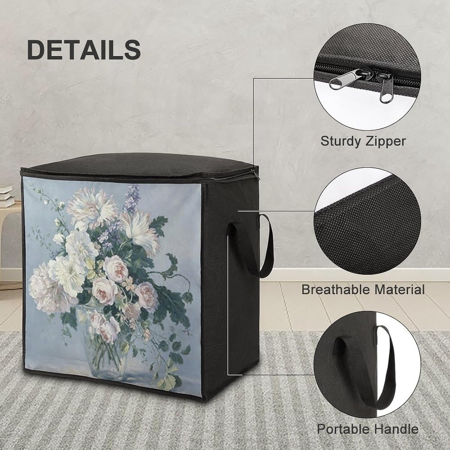 Vase Flowers Comforter Storage Bag Moving Bag | Clothes Storage Bins-70L,Moving Bag With Dual Handles For Easy Carrying, Zipper Design Durability for Home,Bedroom,Closet