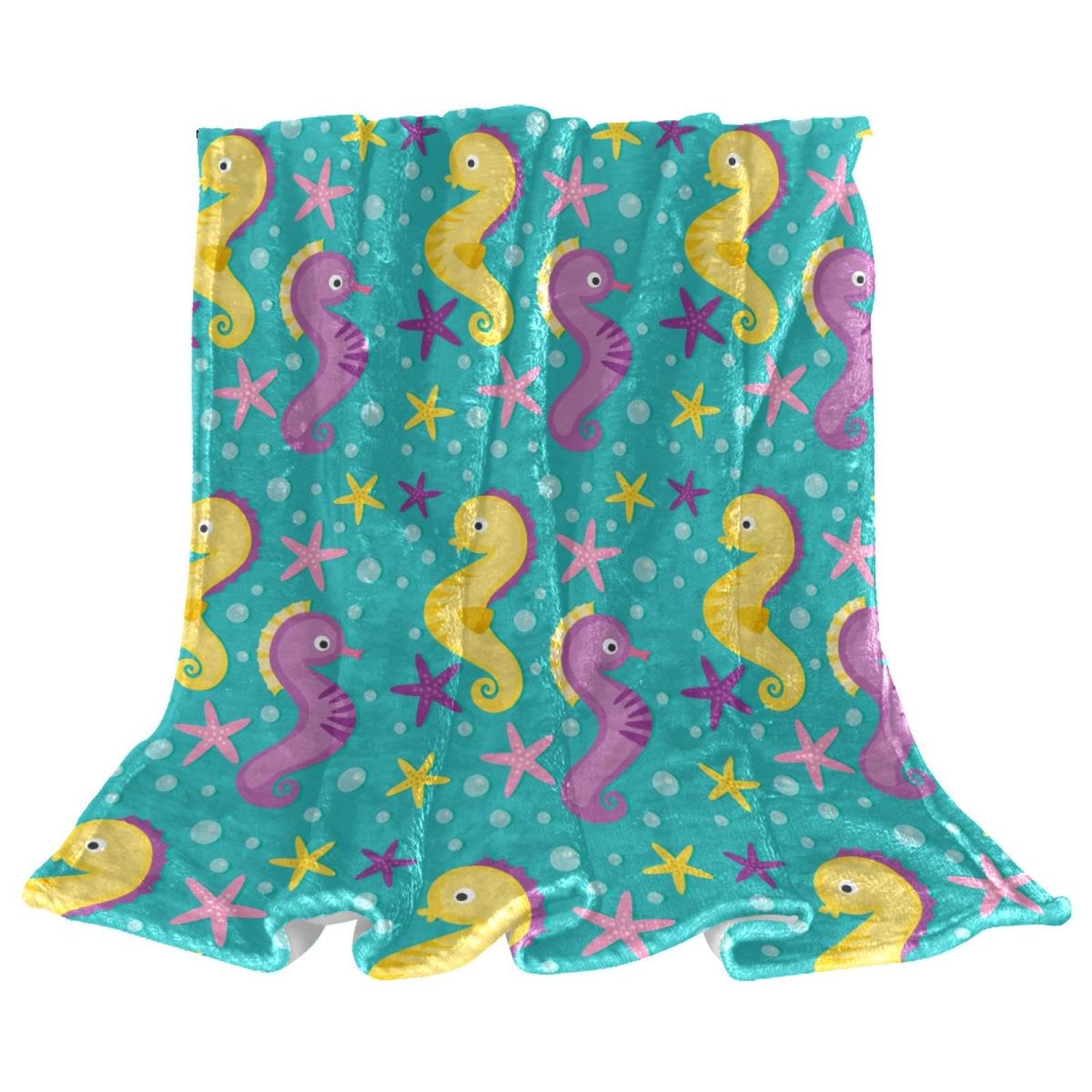 Couverture microfibre chaude et douce 150x130cm motif hippocampe jaune et violet