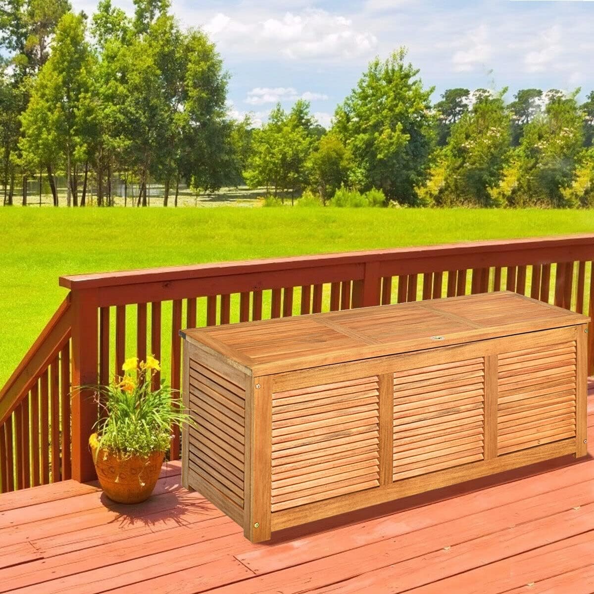 Outside Storage Deck Box Waterproof, 47 Gallon Wood Storage Bench Deck, Outdoor Patio Pool Garden Toy Slats Organization Tools with 2-3 Seating