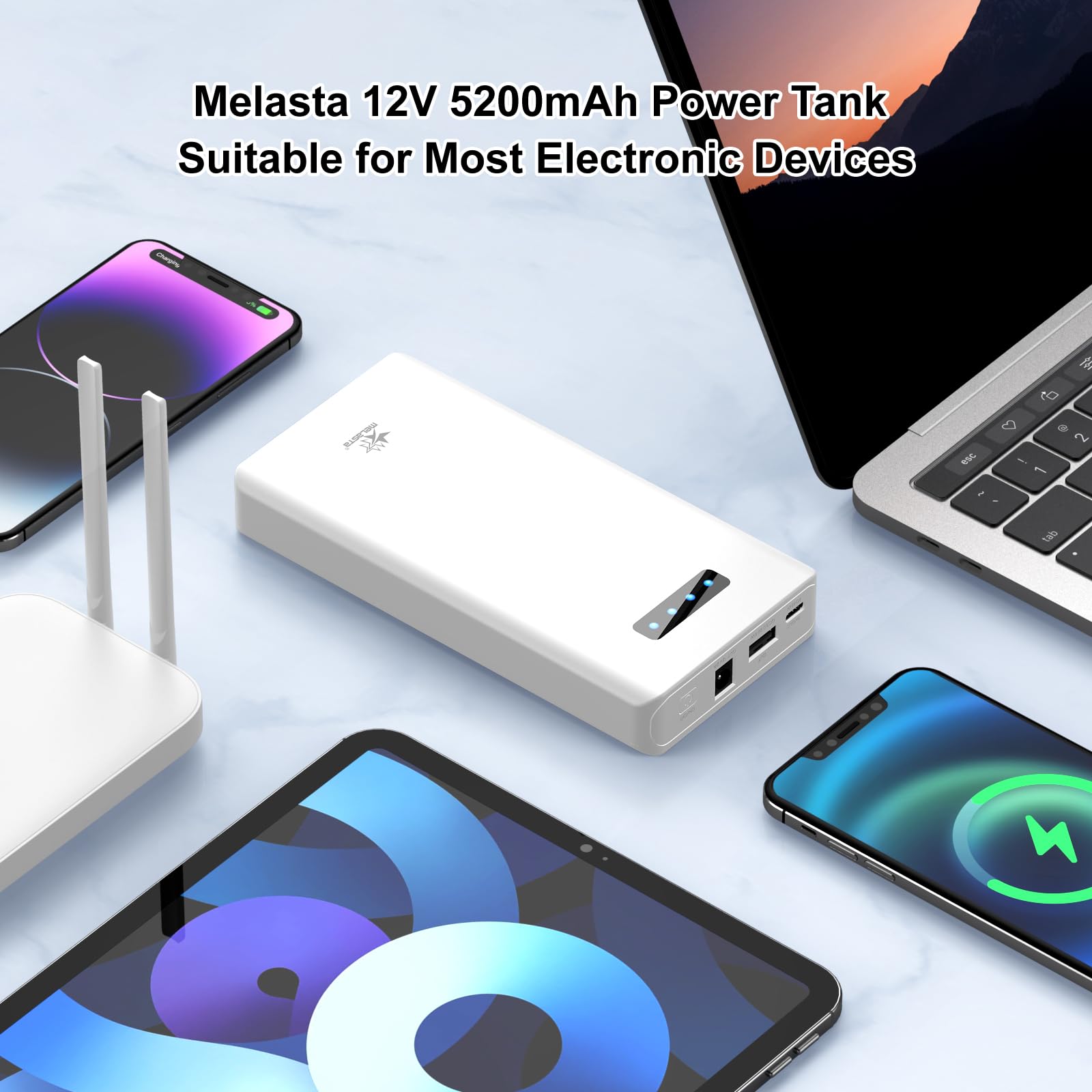 melasta 5200mAh Powerbank, Batterie Externe 12v avec Port 3 en 1, PD 45W USB-C Port de Charge Rapide | 12V/2A DC Port | QC3,0 22,5W USB-A Port, Batterie Externe Rechargeable pour Téléphones Portables