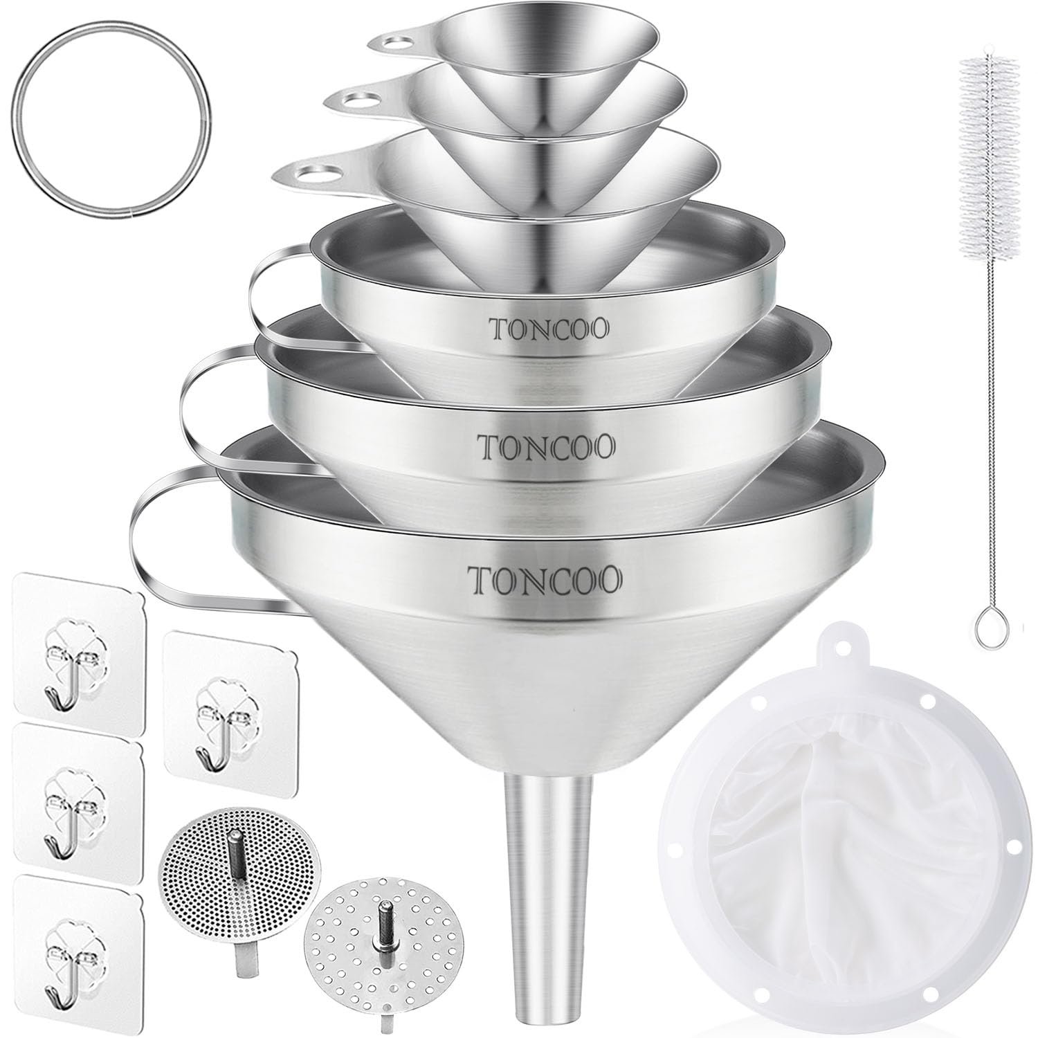 Toncoo 6 Pack Stainless Steel Funnels for Kitchen Use, Food Grade Cooking Funnel with 3 Strainer, Kitchen Funnel Set Metal Funnels for Filling Bottles