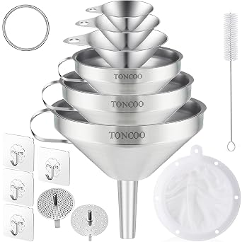 Toncoo 6 Pack Stainless Steel Funnels for Kitchen Use, Food Grade Cooking Funnel with 3 Strainer, Kitchen Funnel Set Metal Funnels for Filling Bottles