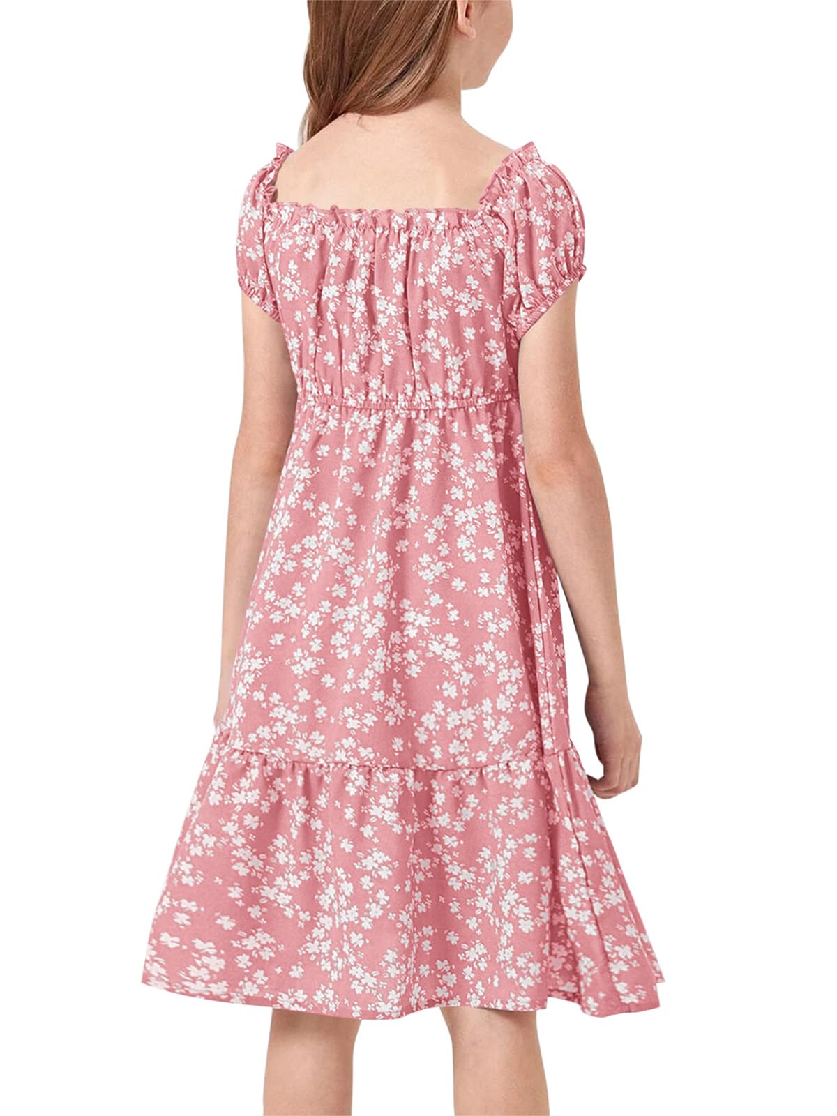 Haloumoning Vestido floral para niña con cuello cuadrado y mangas abullonadas, línea A para fiesta