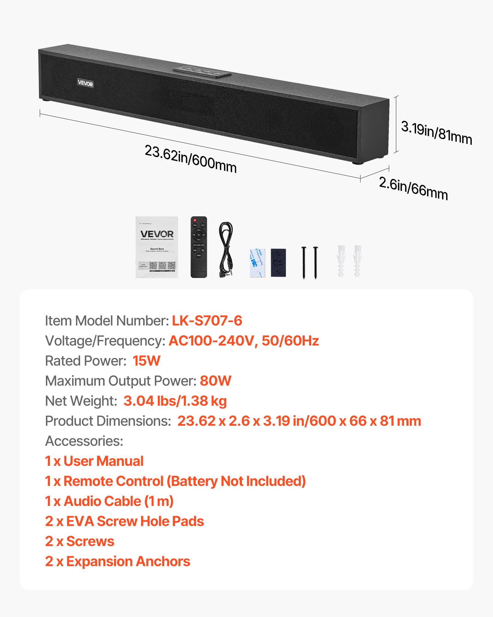 VEVOR Sound Bar per Smart TV, 2.0 canali, 24 pollici, altoparlante compatto per proiettore, connessione Bluetooth AUX, telecomando, facile installazione, sistema audio surround da 80 W per PC Home