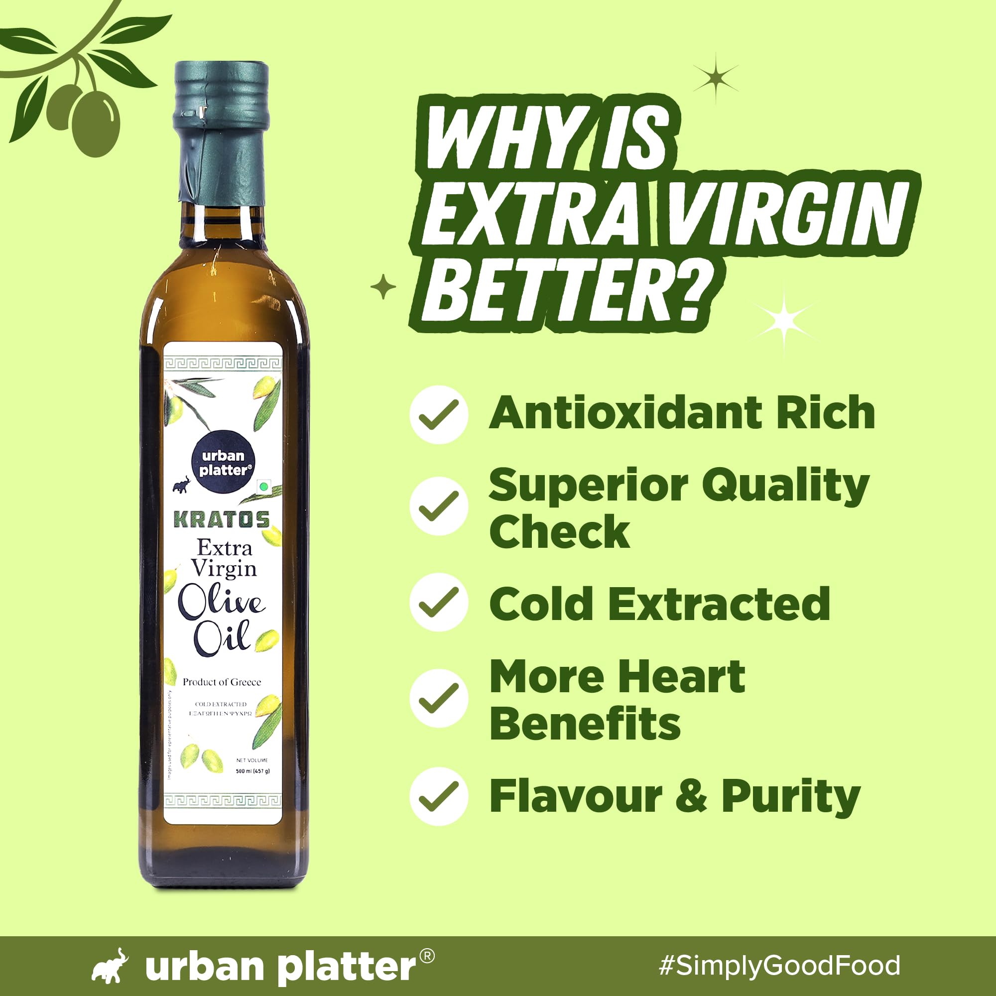 Urban Platter Kratos Cold Pressed Extra Virgin Olive Oil, 500ml