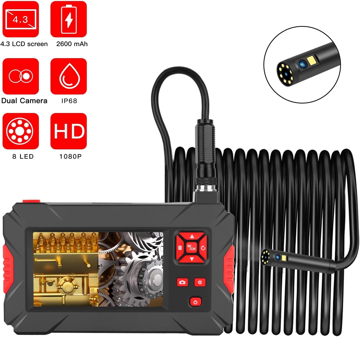Dual Lens Industrial HD Camera 1080p Boroscope Pipe Inspection Camera Flexible Camera Snake with 4. 3 inch Screen (Size : 5m) image 4