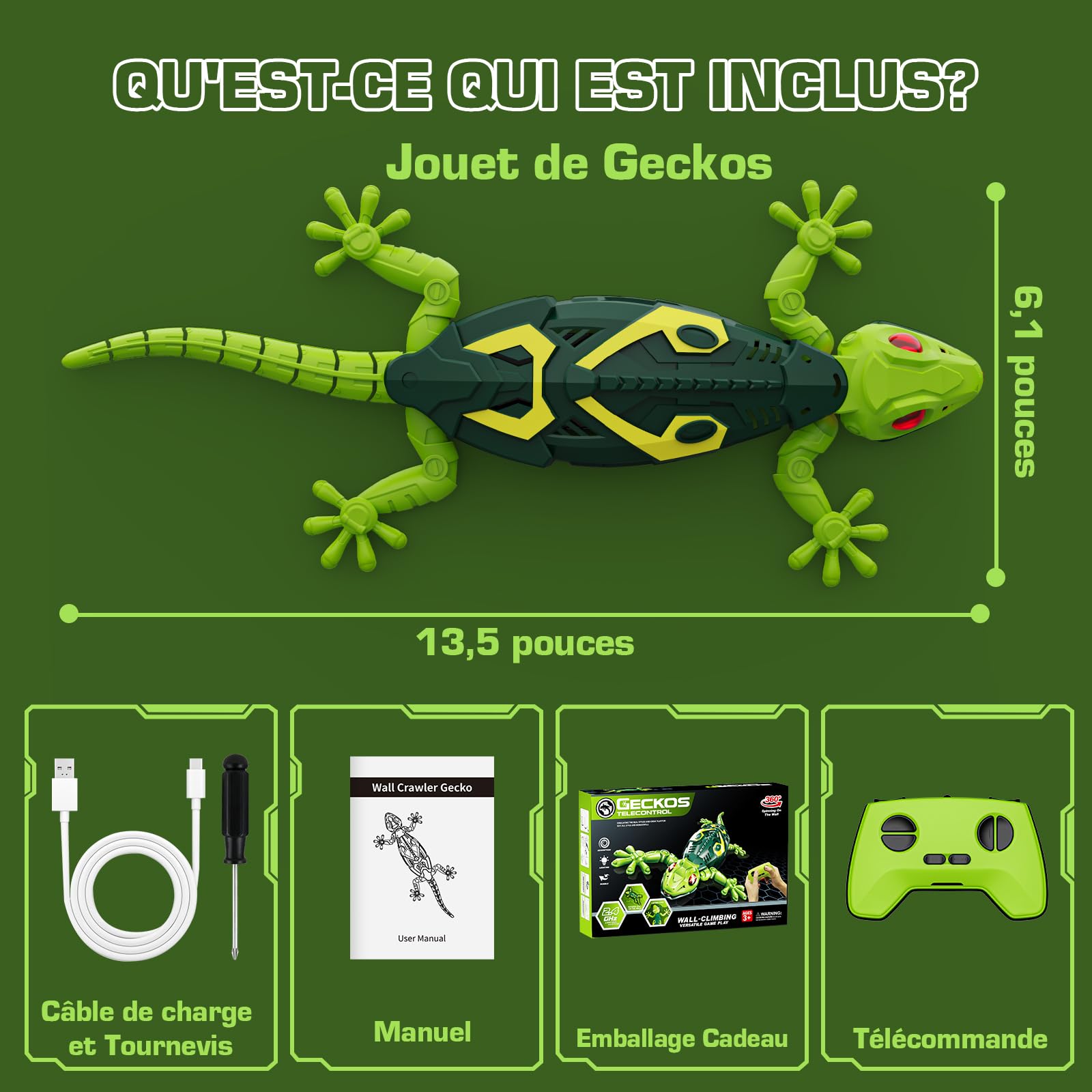 Gecko Radiocommandé Qui Rampe sur Le Sol, Et Les Murs Jouet Lézard Robot Vivant avec Yeux Lumineux,Cadeau Lézard Robot Grimpeur pour Garçons 3 4 5 6 7 8 Ans, Jouet Caméléon de Noël