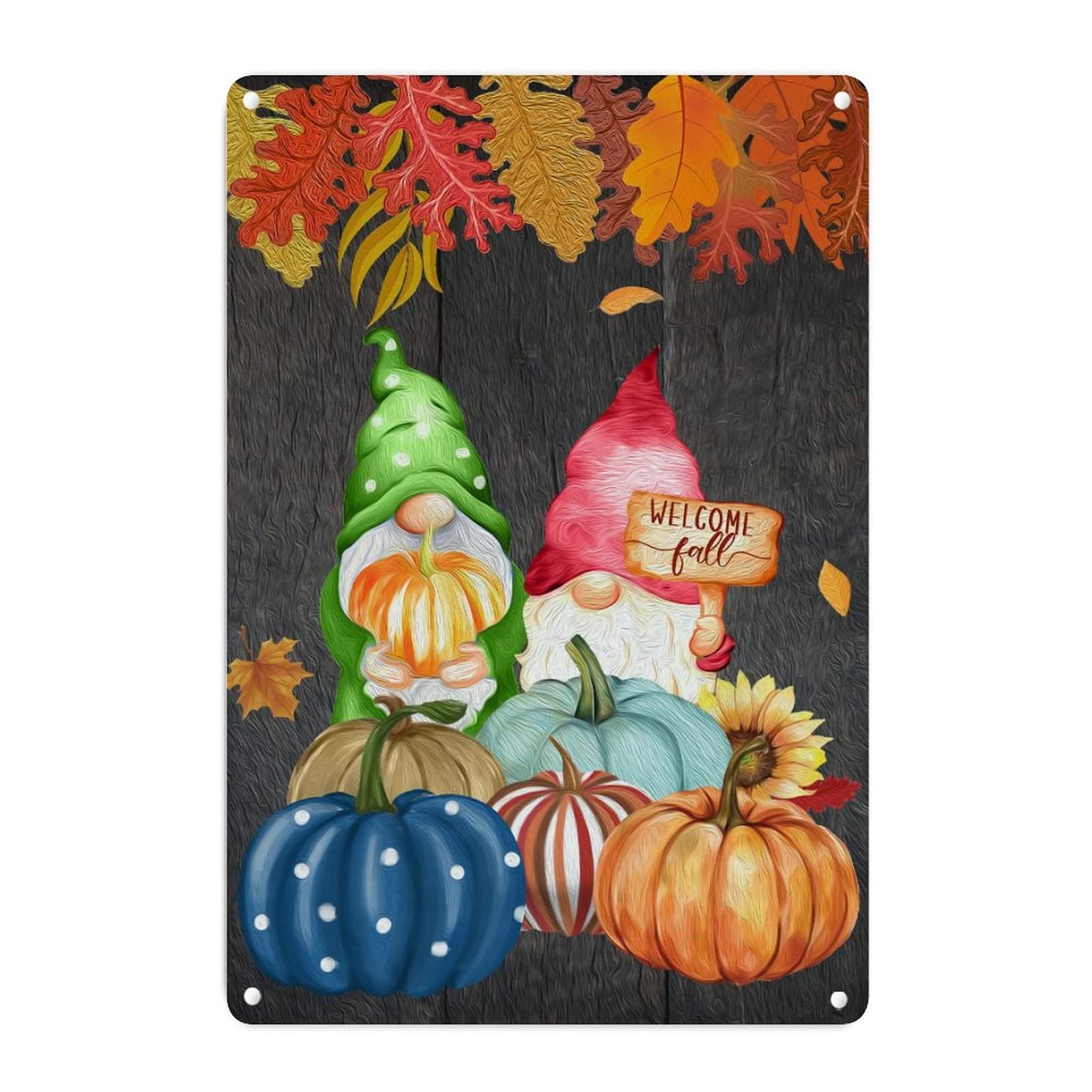 Plaque en métal automne avec nain et citrouille vintage pour décoration de maison 45x30 cm