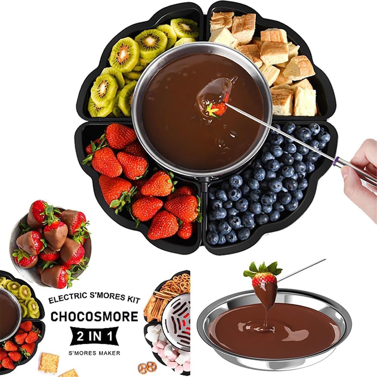 S'Mores Maker & Fondue Pot - Juego de fondue eléctrica 2 en 1 con 4 tenedores para asar, 4 bandejas desmontables y calentador sin llama con control de temperatura