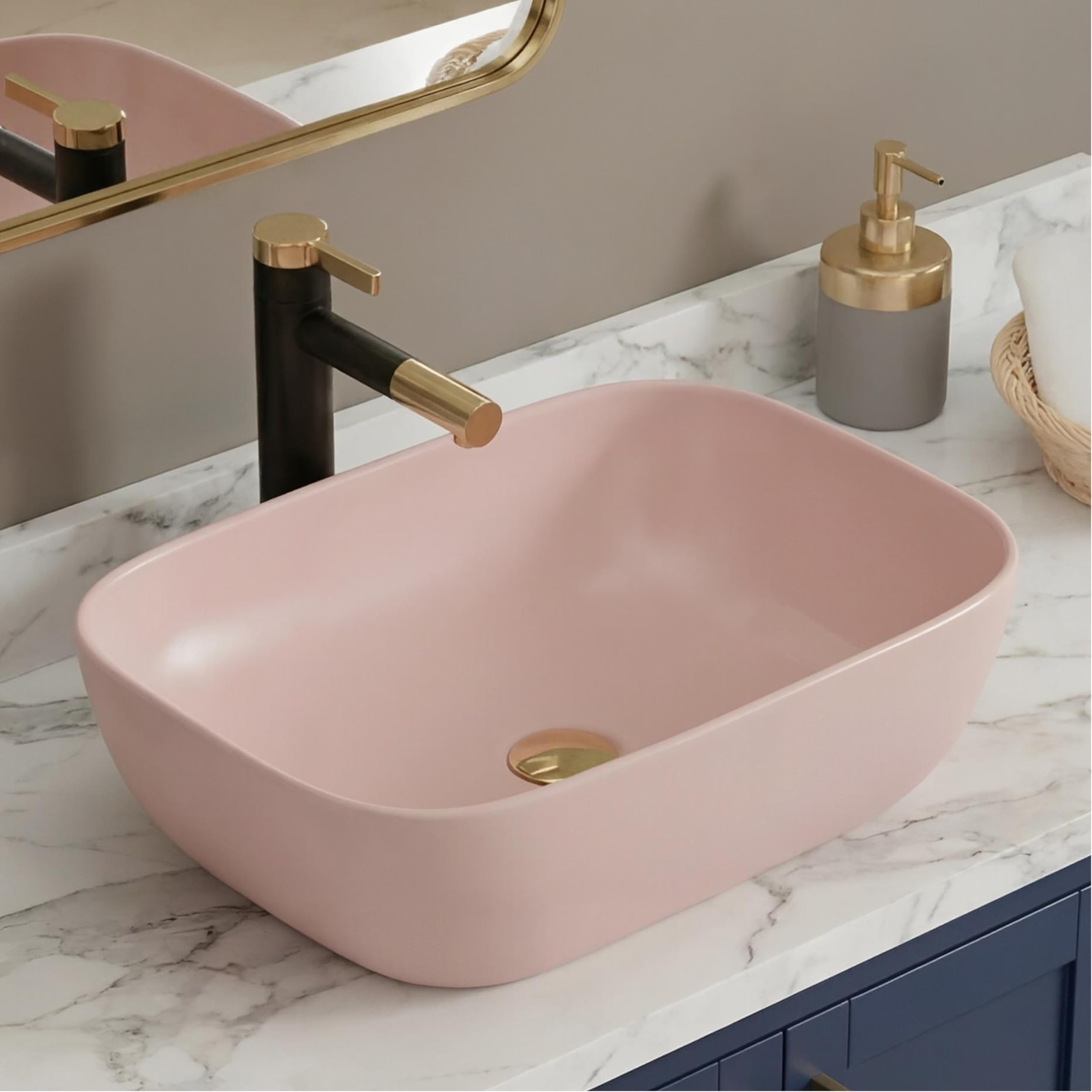 BASSINO 18x13x5 Inches Designer Rectangular Tabletop Washbasin/1 Year Warranty/Ceramic Countertop Sink for Bathroom/Vessel Bowl Basin for Office(Matt Pink Finish)