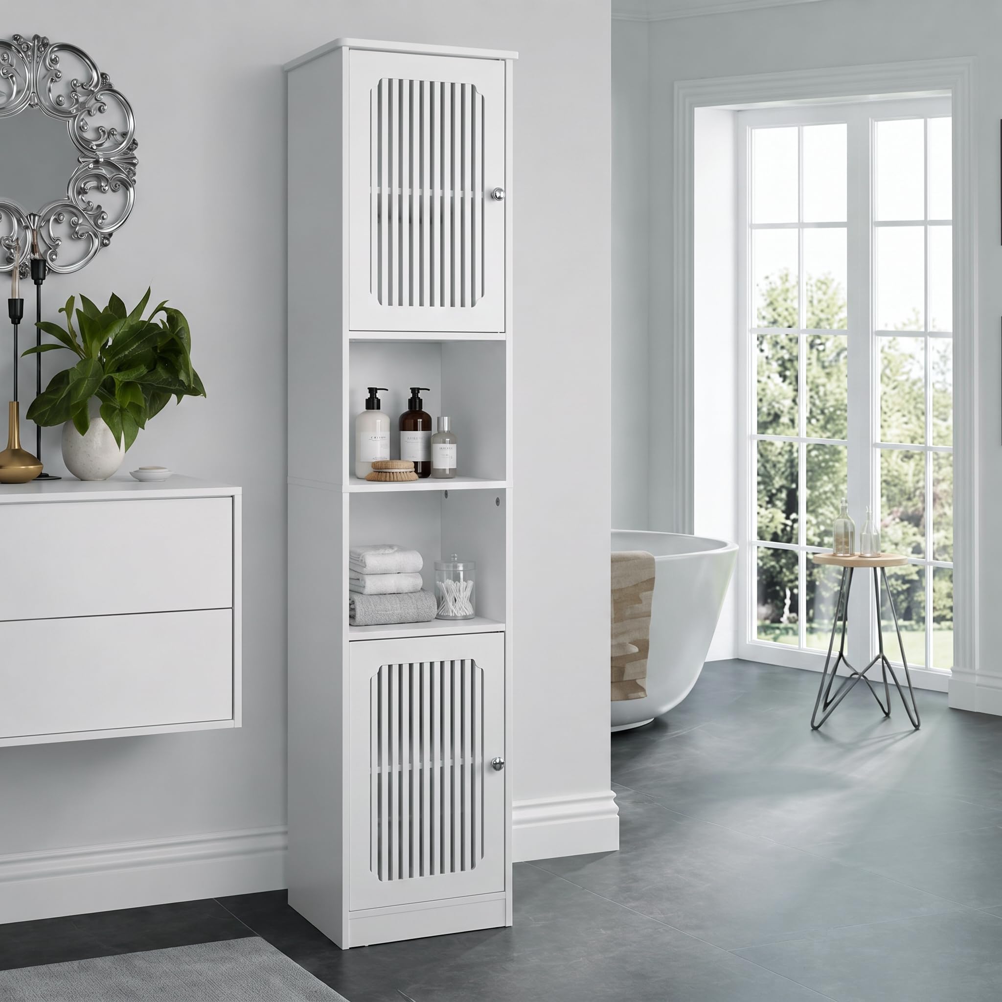 TIZZ Armadietto da bagno alto 163 cm, bianco, modello autoportante con ripiani regolabili, dietro un'anta a lamelle, armadio stretto e alto con più scomparti