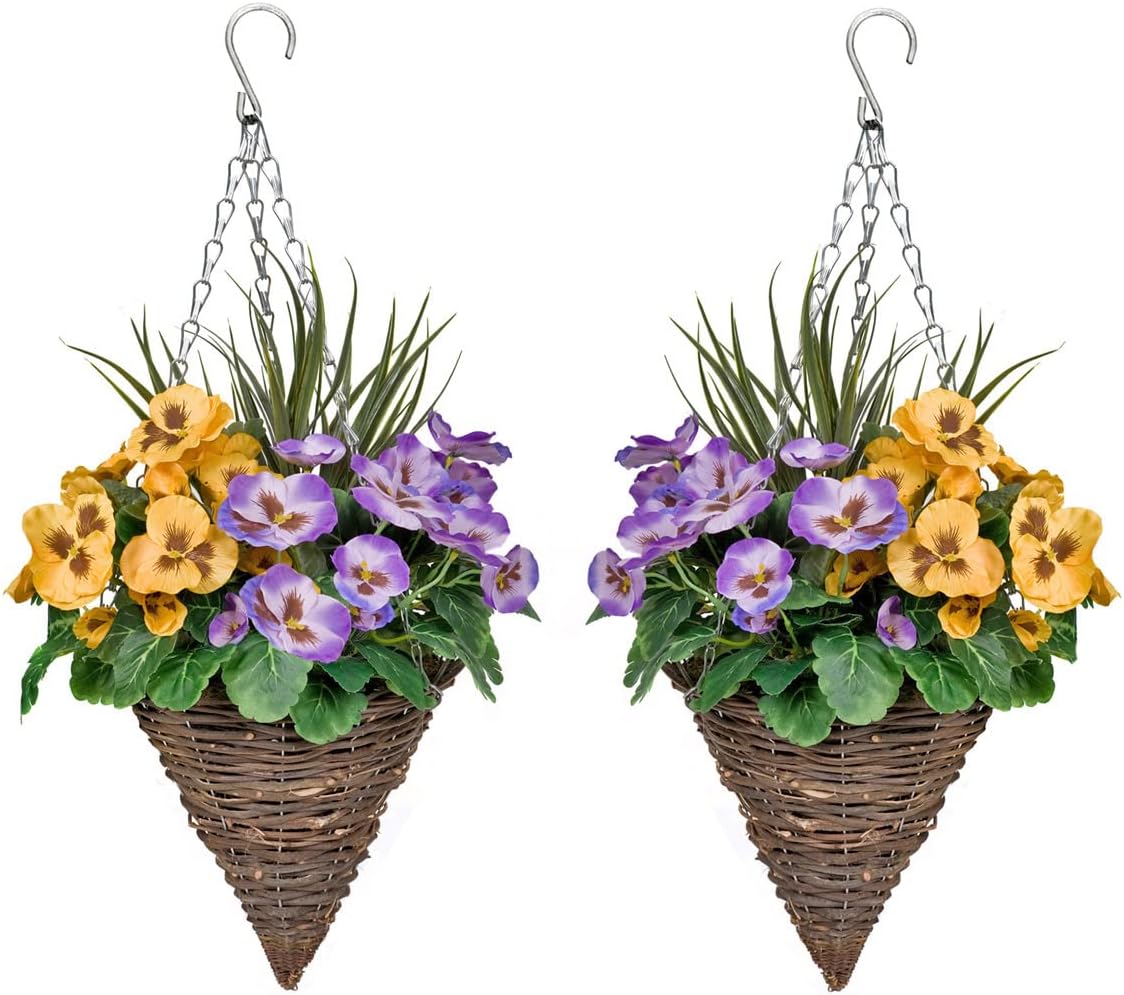 GreenBrokers 2 x Artificial Purple and Yellow Faux Silk Pansies and Grasses Cone
