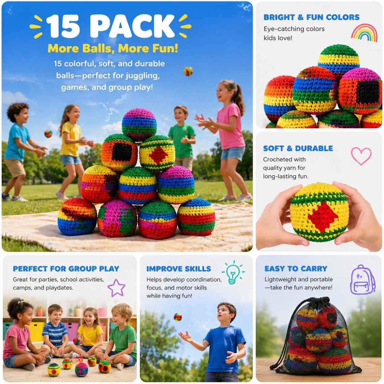 6/10/15PCS Handcrafted Knitted Footbag Set, 2026 Upgraded Crochet Juggling Balls for Kids & Adults, Colorful Bags for Outdoor Play, Active Games, and Coordination Practice