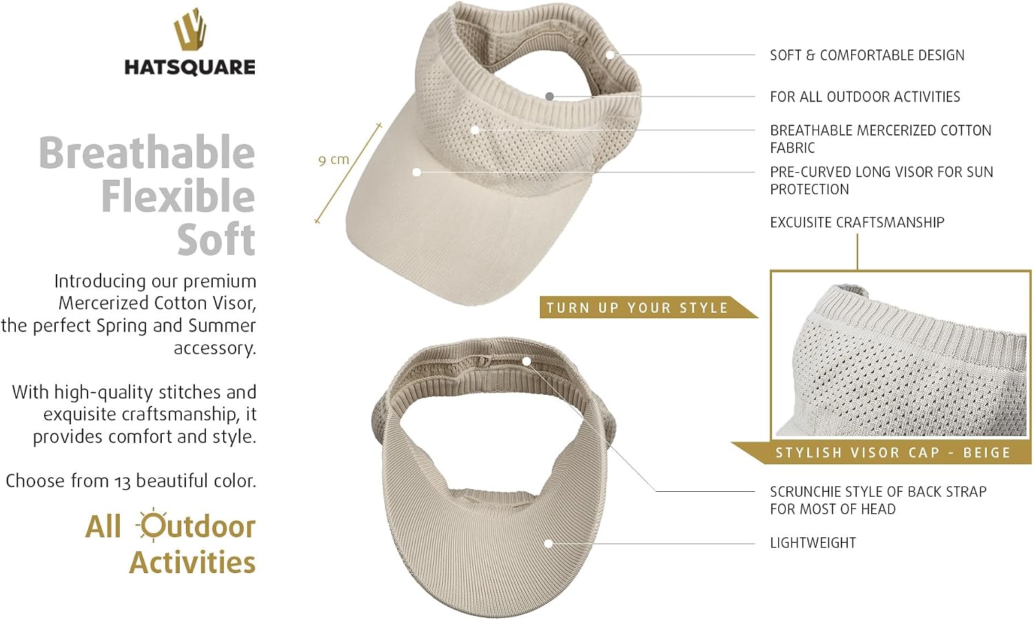 Cotton Summer Women Visor, Mercerized Knitted Visor, Sports Sun Cap, Breathable Adjustable Athletic Visor