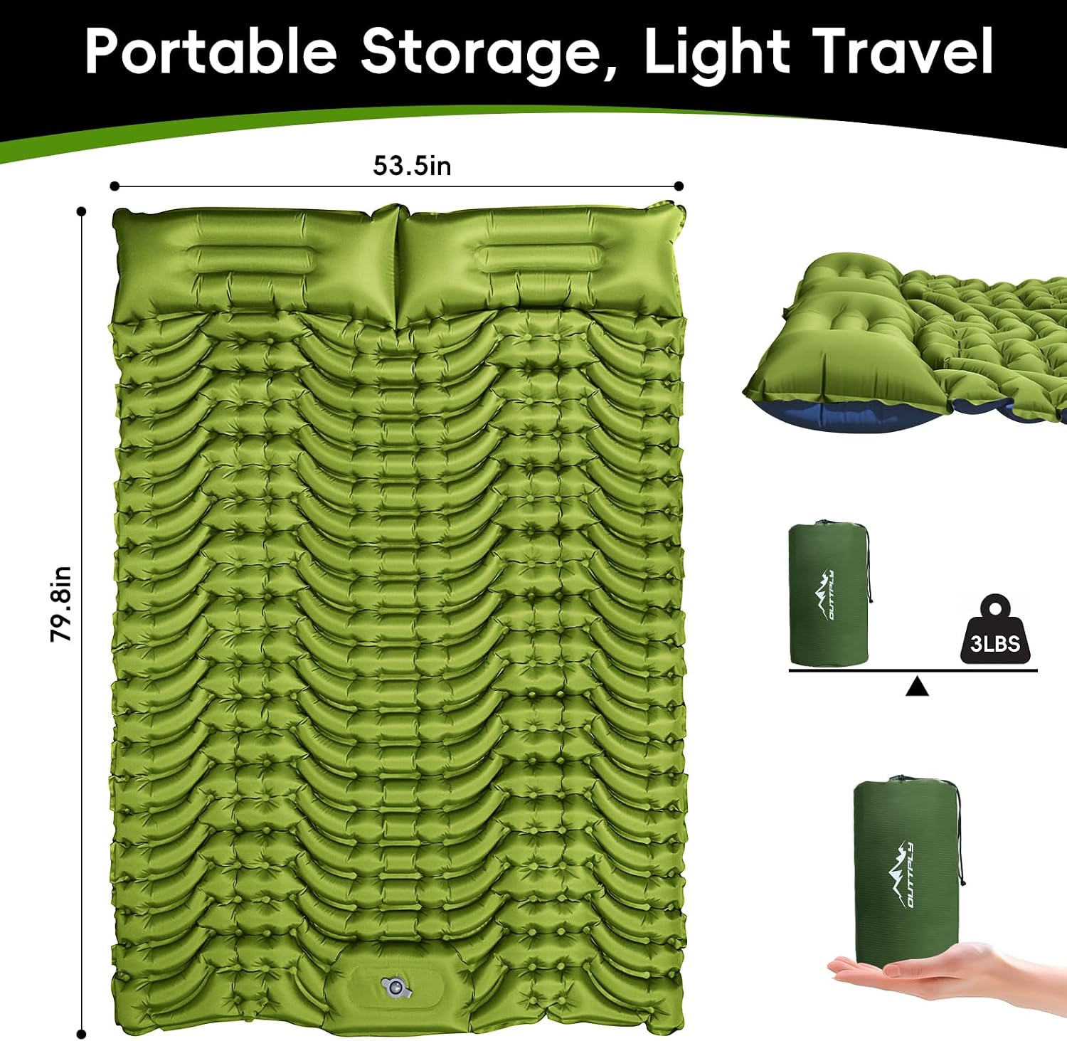 Double Sleeping Pad, Ultralight Self Inflating Camping Sleeping Pad for 2 Person with Pillow, Built-in Foot Pump, Portable Camping Mat for Backpacking, Hiking, Beach, Travel Tent