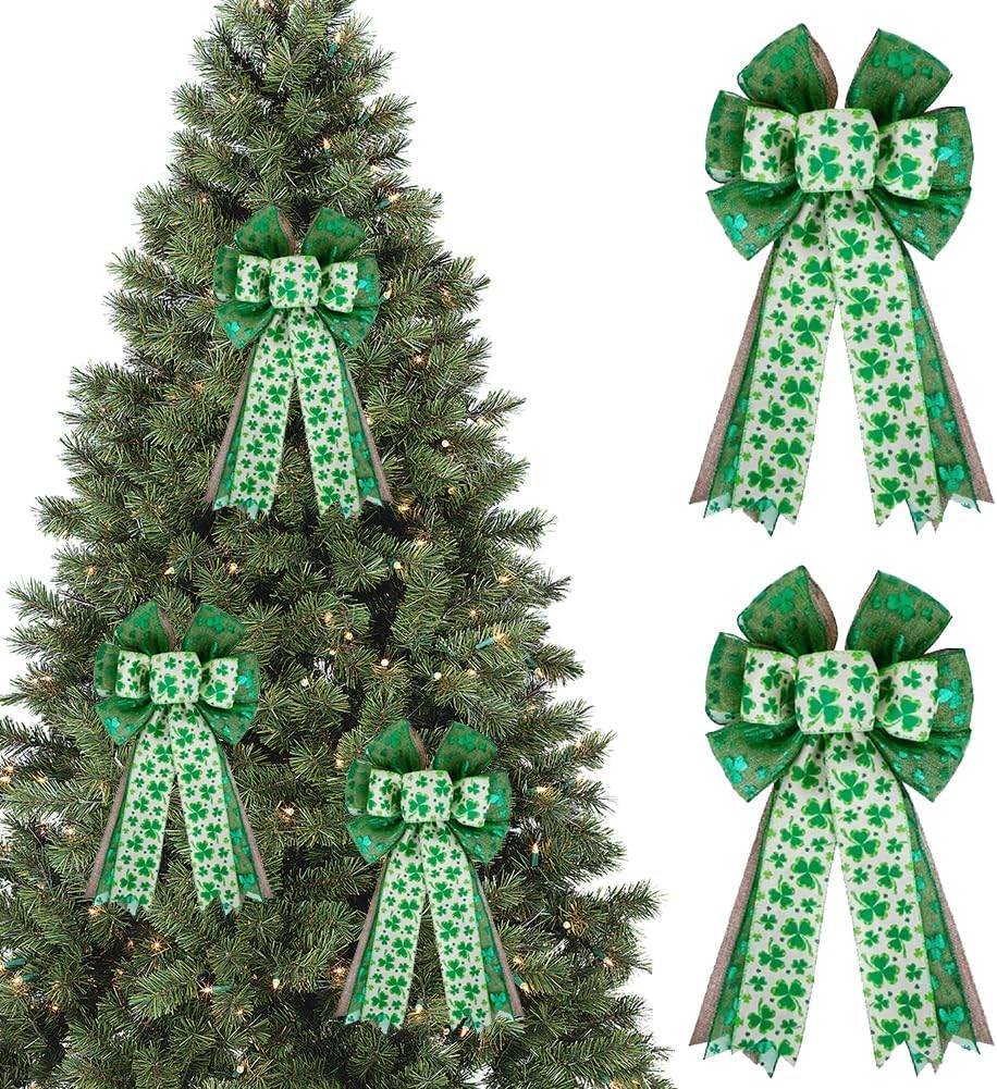 Large St. Patrick's Day Bow for Wreath,2 Pcs 50 x 28cm White Green Shamrock Bows,Irish Clover Green Wreath Bows,Sant Patricks Day Tree Topper Bows,Irish St. Patrick's Gift Bows Decor (B)