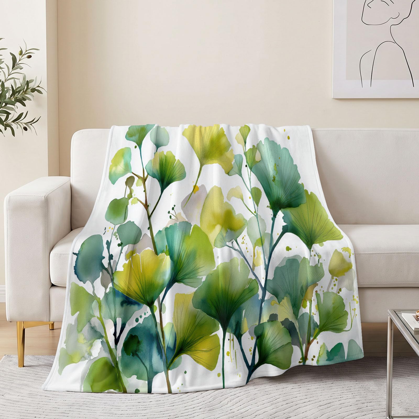 Narzuta z polaru flanelowego, akwarelowa, podwójna, 200 x 220 cm, naturalne liście miłorzębu, miękki, przytulny, flanelowy, narzuta na łóżko i kanapę, lekka pościel dla dzieci i dorosłych, zielony