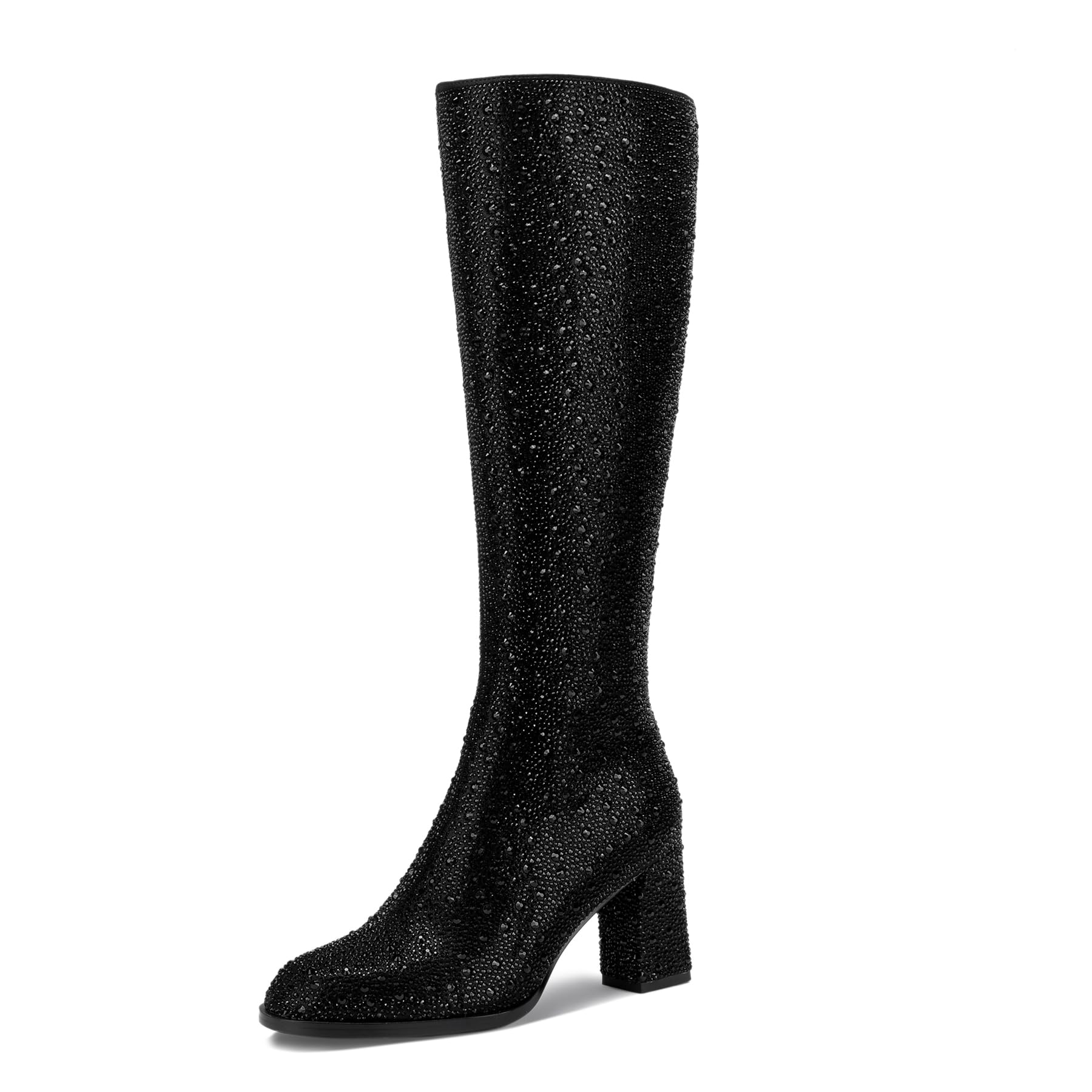 TDD Gogo Boots Silver White Knee High Boot for Women Heels Rhinestone Crystal Dressy Trendy Pointed Toe Tall