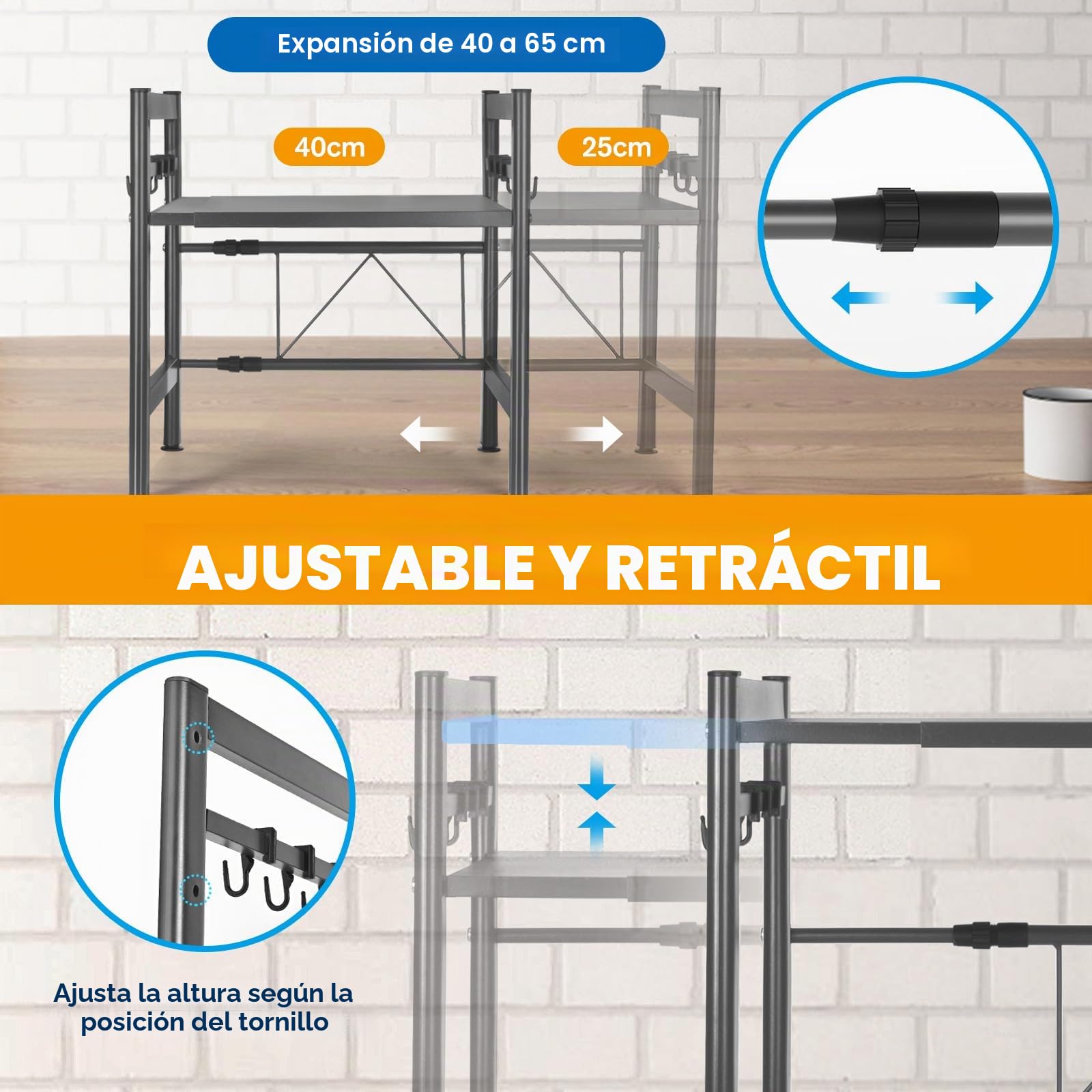 Estantería Extensible para microondas, estantería de Cocina, de pie, para microondas, de pie, Organizador de Cocina, con 6 Ganchos, Organizador para encimeras de Cocina (Gris, un-Nivel)