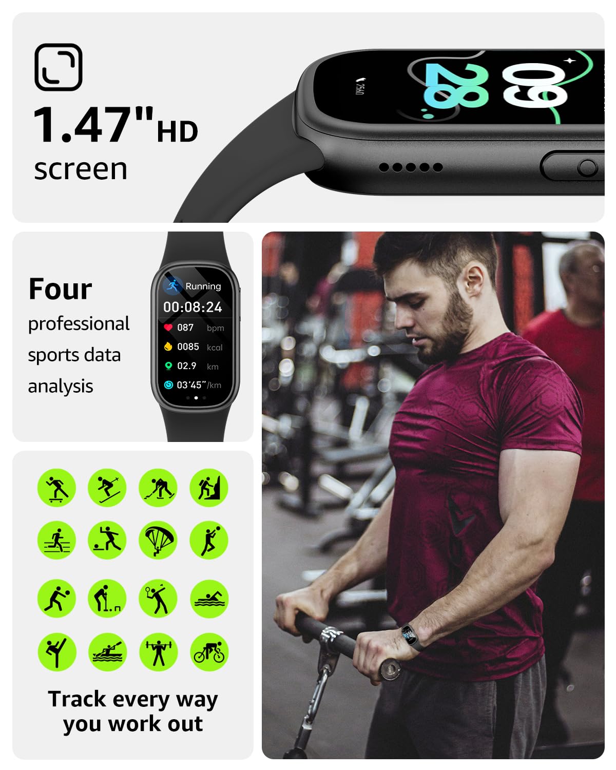 BUTFORFIT Fitness Tracker (Answer/Make Call), Smart Watch with 1.47" HD Touch Display, 130+ Sport Modes Activity Tracker with Sleep Monitor, IP68 Waterproof Tracker for Android&iPhone Women Men