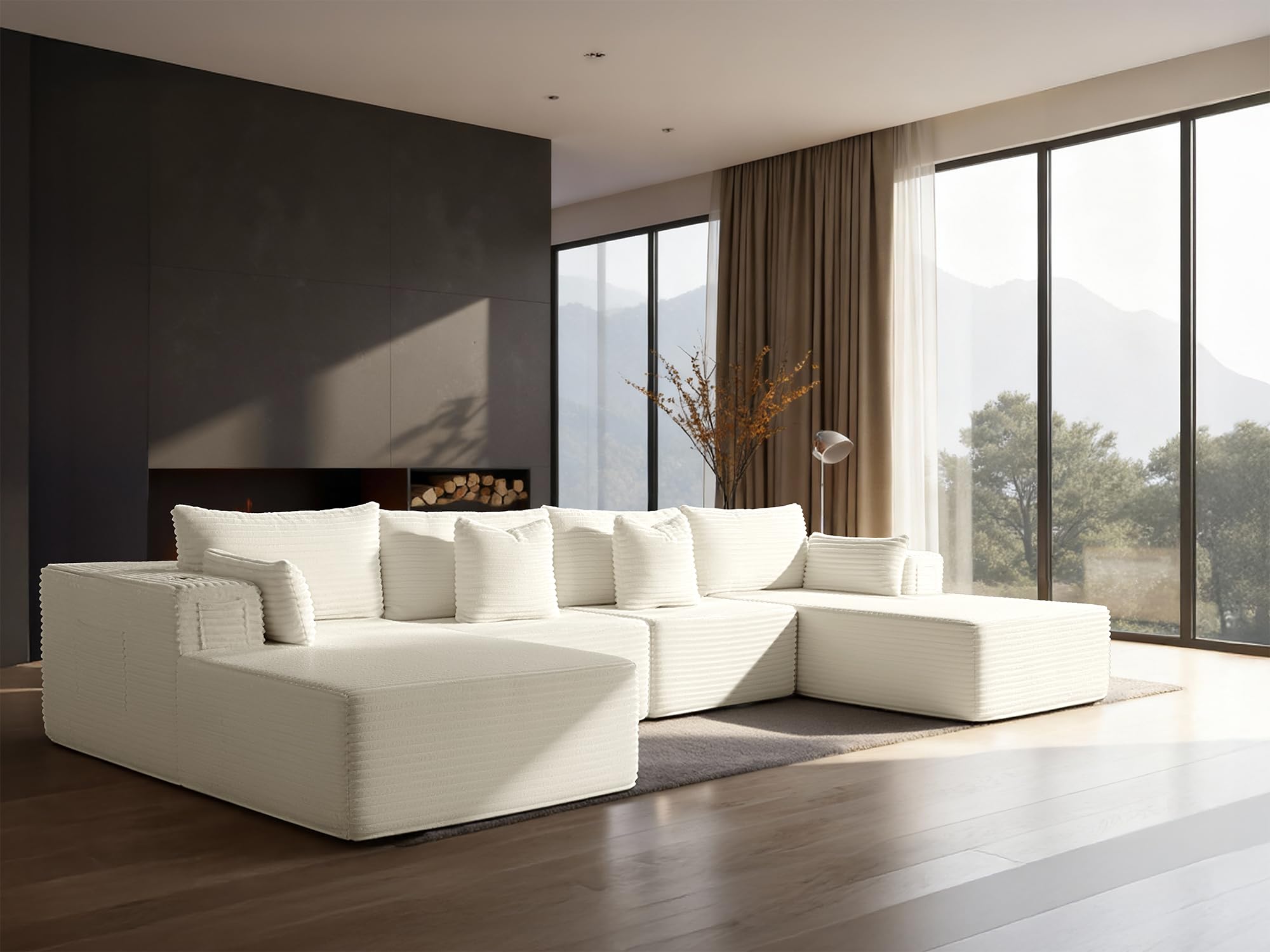 138" Cloud Sectional Couch, Comfort U Shaped Sofa for Living Room, Extra Deep Seats No Assembly, Minimalist Modular Couch, Corduroy (Cream, 6 Seats,U-Shape C)
