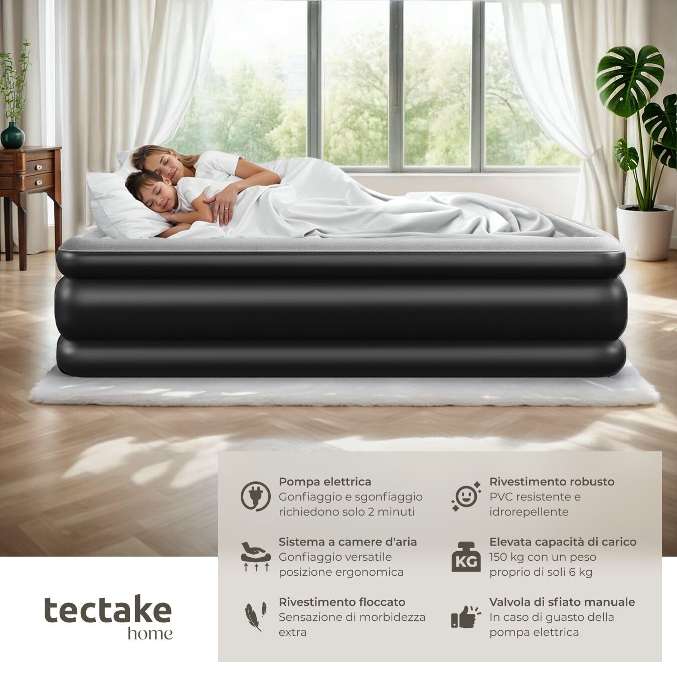 tectake® Materasso Gonfiabile AirDreams, Autogonfiabile con Pompa Elettrica, Singolo e Matrimoniale, Letto Gonfiabile, Viaggi e Campeggio, Comfort e Supporto, Facile da Trasportare - 200 x 101 x 44 cm