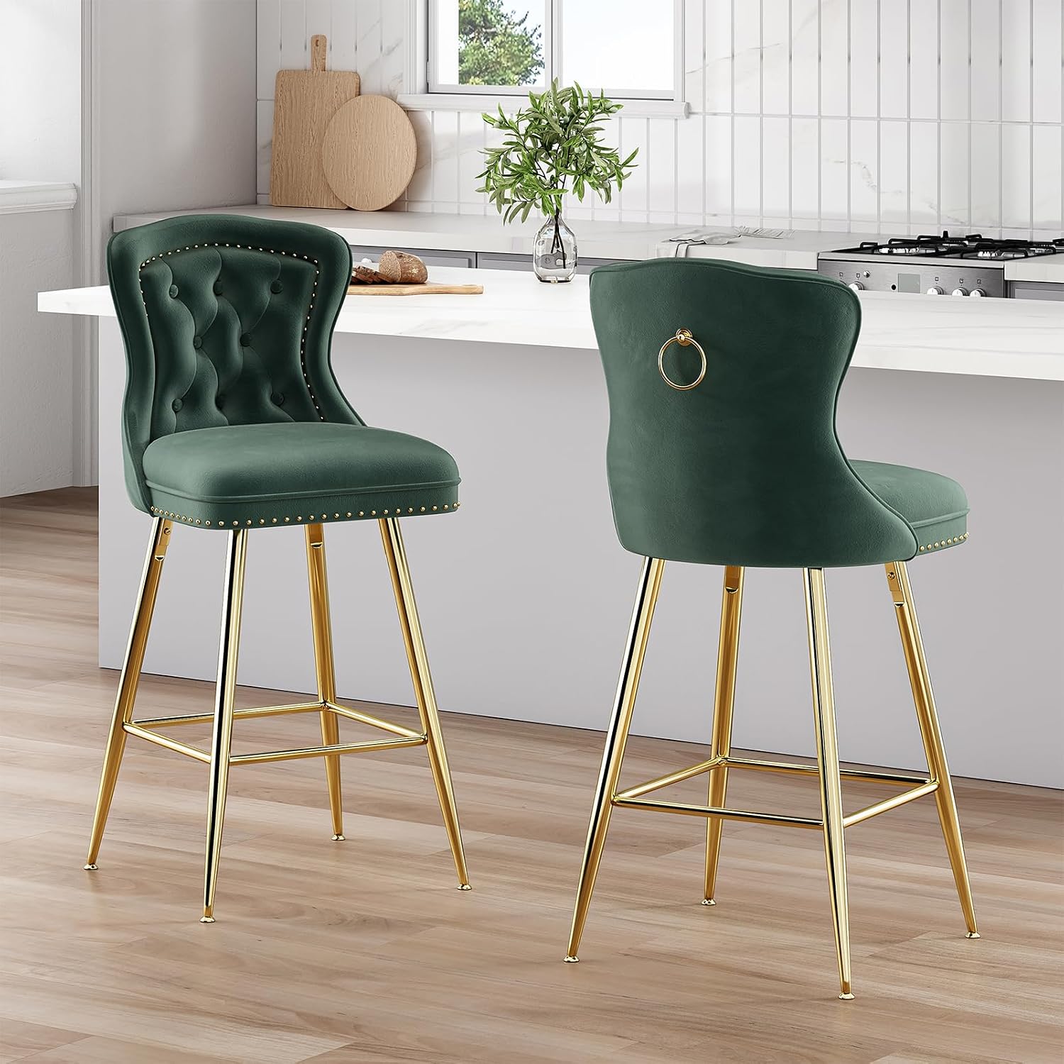 Farini Bar Stools Set of 2, Velvet Counter Height Bar Stools with Metal Legs, Button Tufted and Nailheads Trim, Wing-Back Bar Chairs for Kitchen Island Dining Room Pub, Green