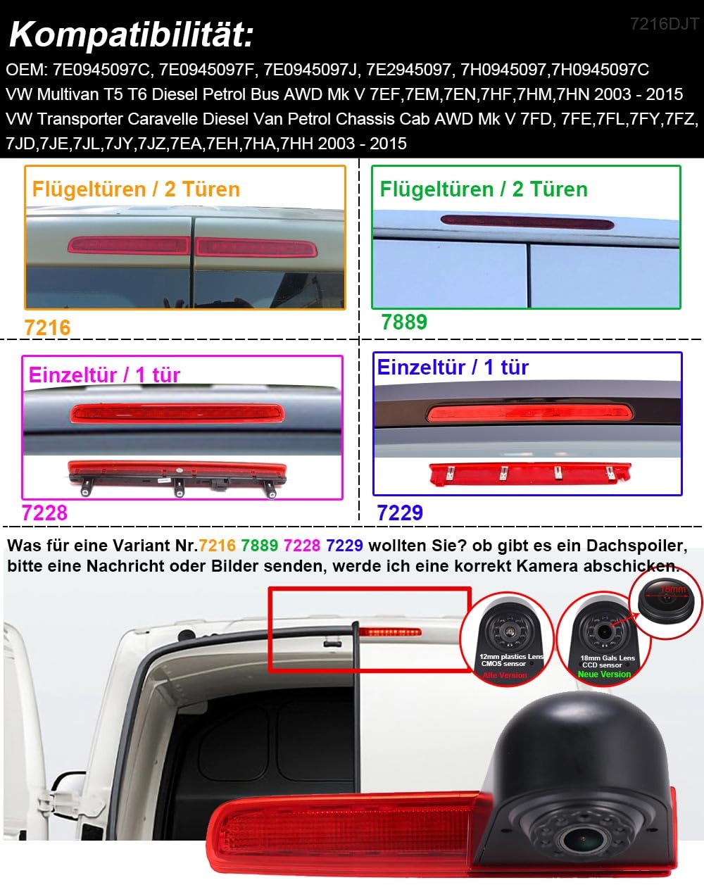 Achteruitrij camera 3e remlicht VW T5 T6 met deuren - oriëntatielijnen Achteruitrij camera 3e remlicht VW T5 T6 met deuren - oriëntatielijnen