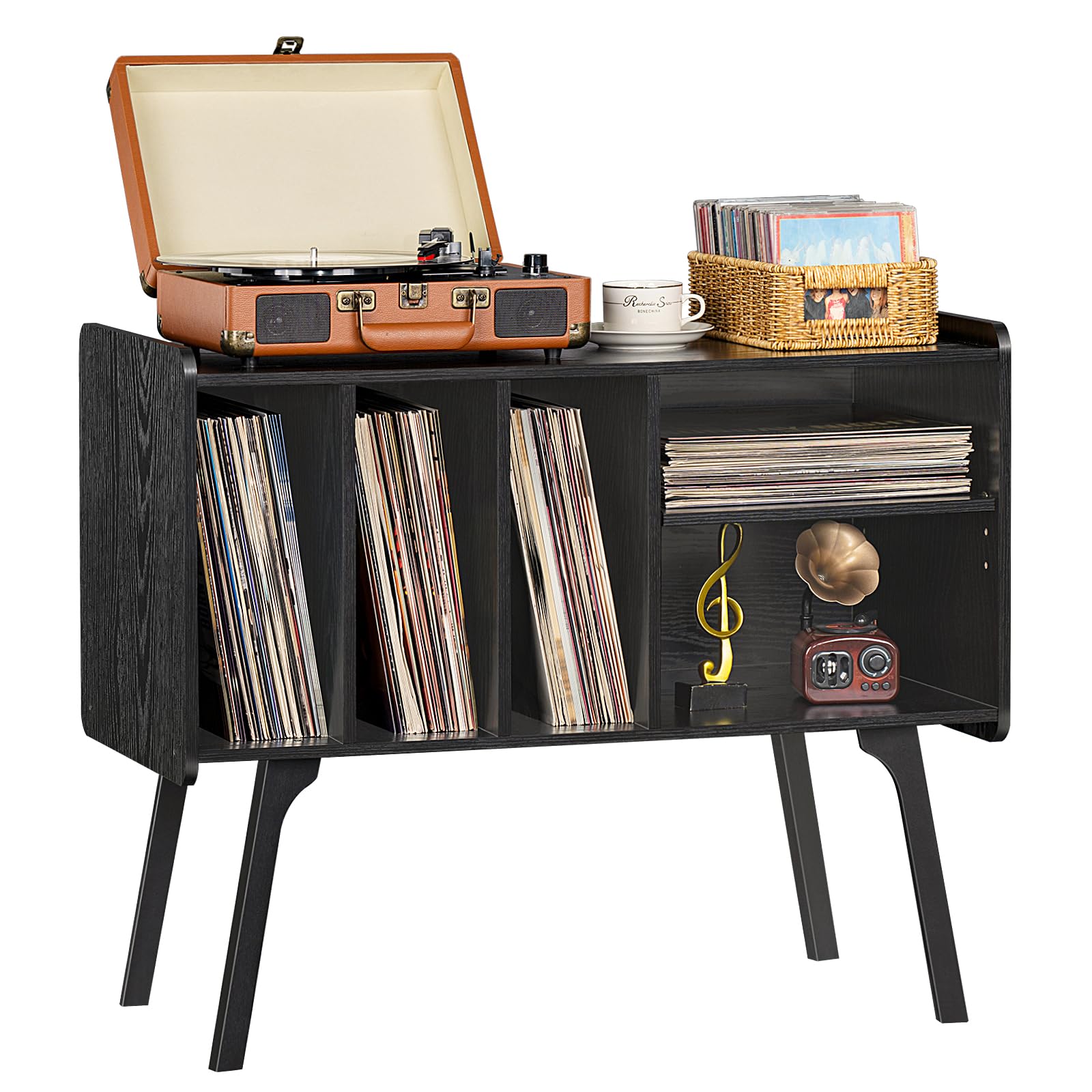 LELELINKY Record Player Stand with 4 Cabinet Holds Up to 220 Albums, Large Turntable Stand with Wood Legs, Mid-Century Record Player Table,Vinyl Holder Storage for Living Room,Bedroom,Black