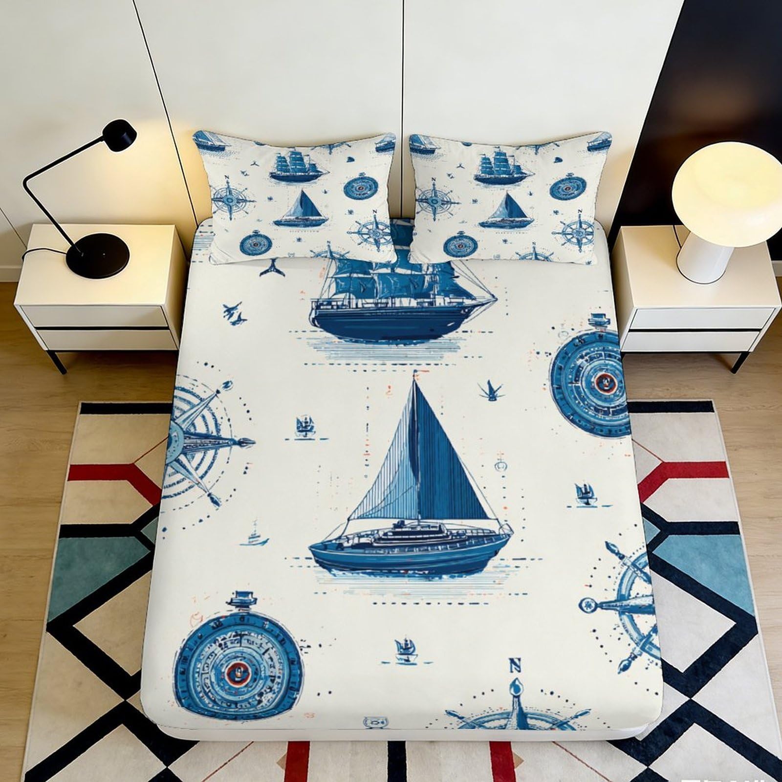 3D Printed Nautical Sailing Ship Fitted Sheet Microfiber Soft Durable Compass Bed Cover for Bedroom Dormitory Guest Room Mattress Protection 160x200x25cm