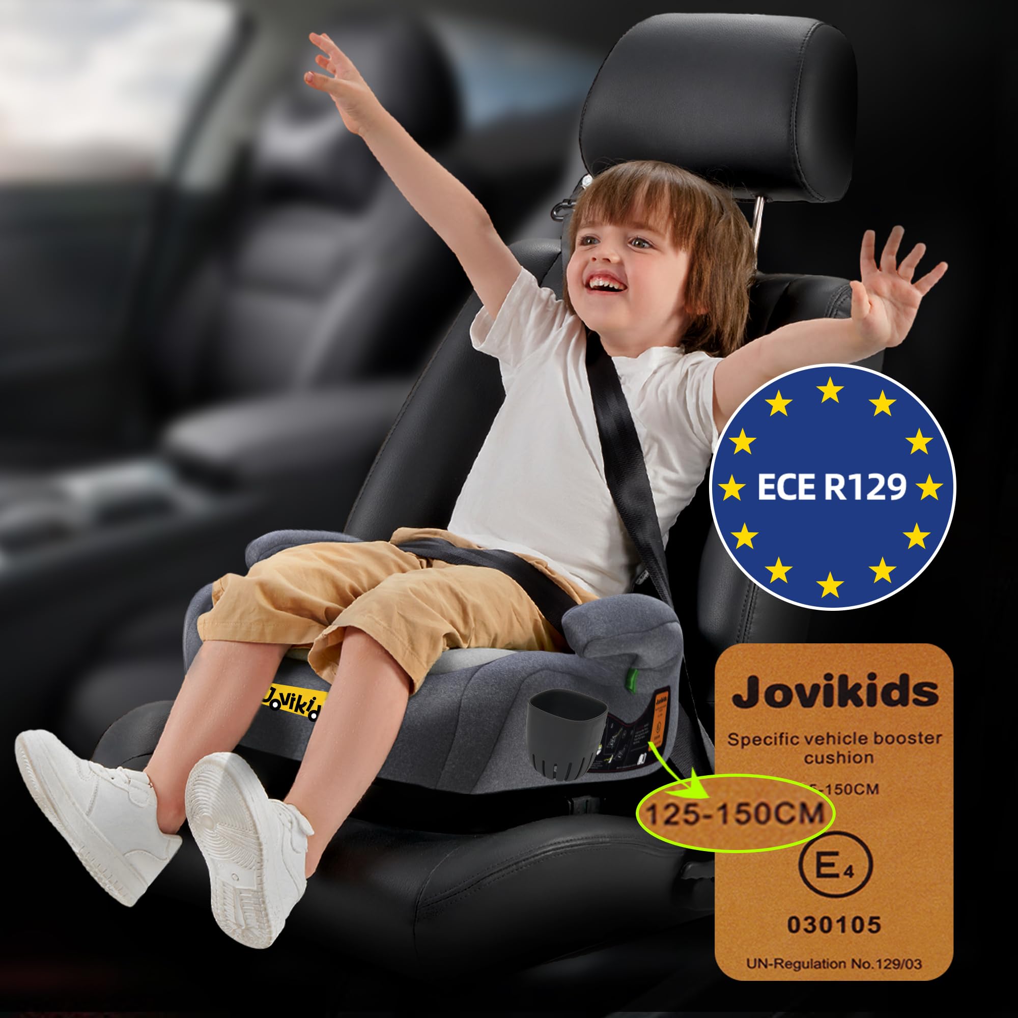 Jovikids Rialzo Auto per Bambini ISOFIX 125-150cm ECE R129, Alzatina Auto Bimbi 15-36 kg, Seggiolino Auto da 6 a 12 Anni con portabicchiere - Nero