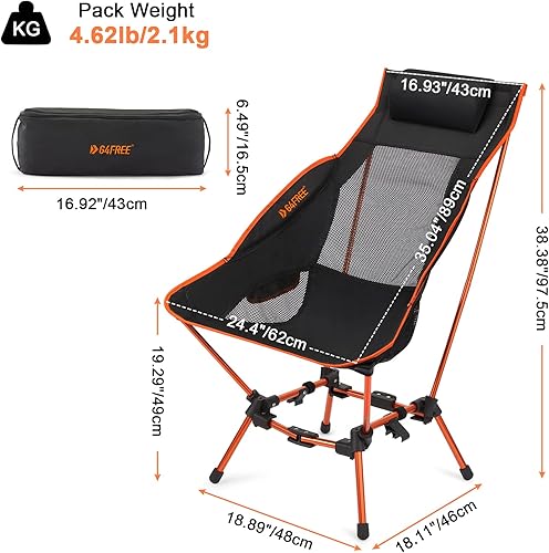 Miniatura 3 de G4Free Silla de camping plegable silla de campamento ligera de respaldo alto con almohada extraíble bolsillo lateral y bolsa de transporte compacta