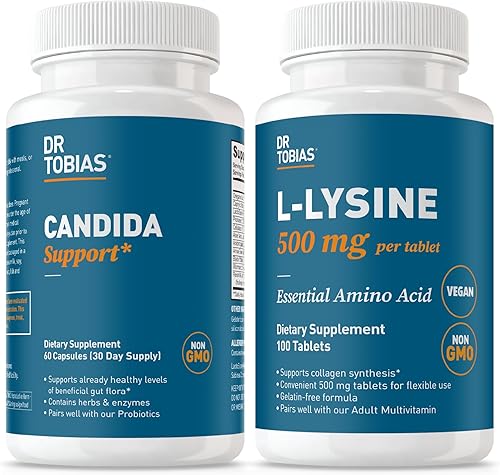 Dr. Tobias Candida Support (complejo de equilibrio de flora intestinal) + tabletas de L-lisina de 500 mg  Desintoxicación intestinal y limpieza