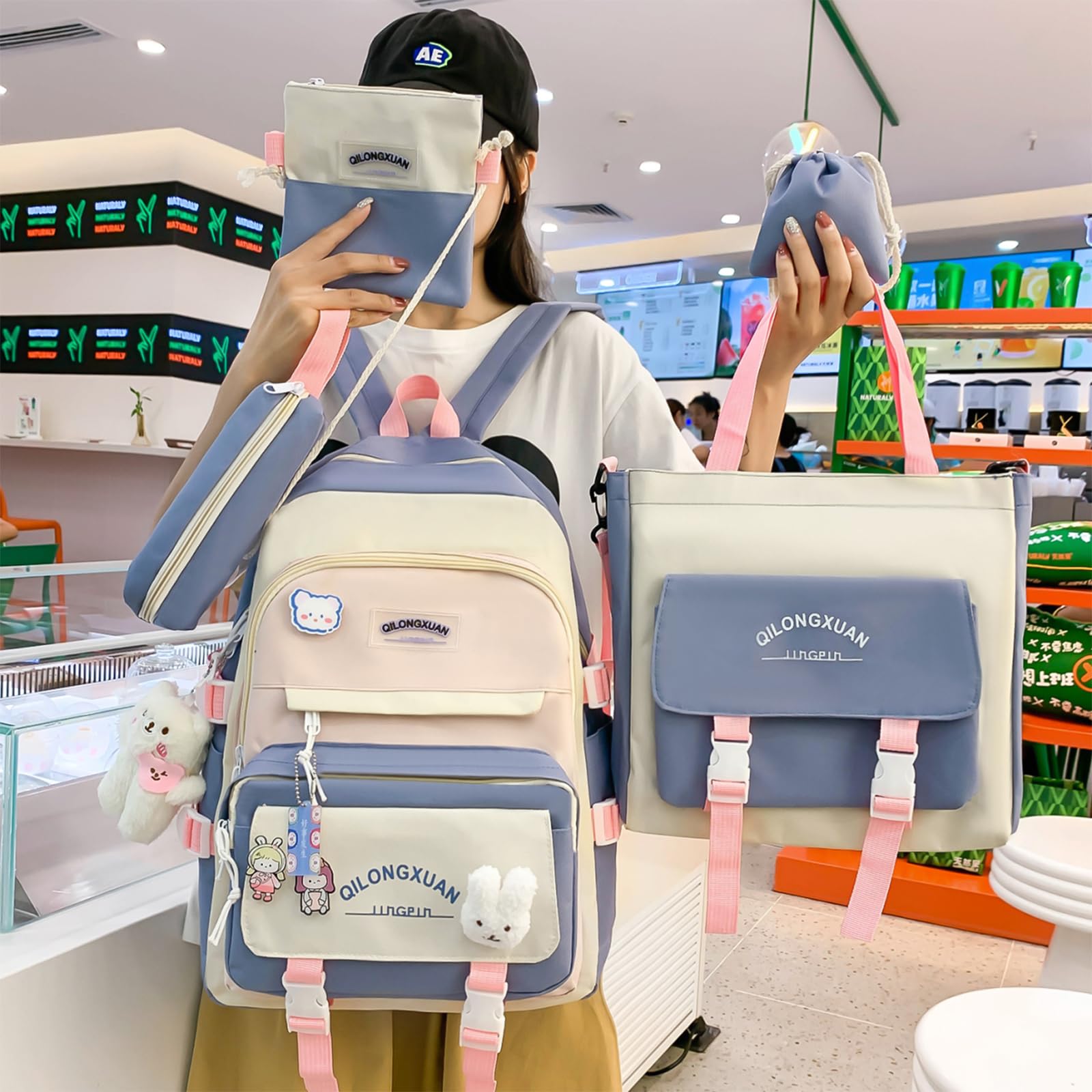 IvyH Cartable Fille Primaire 5 pièces, Sacs à Dos pour Filles 8-16ans, Sets de Sacs Scolaires avec Sac à Provisions Trousse à Crayons, Sac à Dos Voyage Kawaii 45cm, Rose