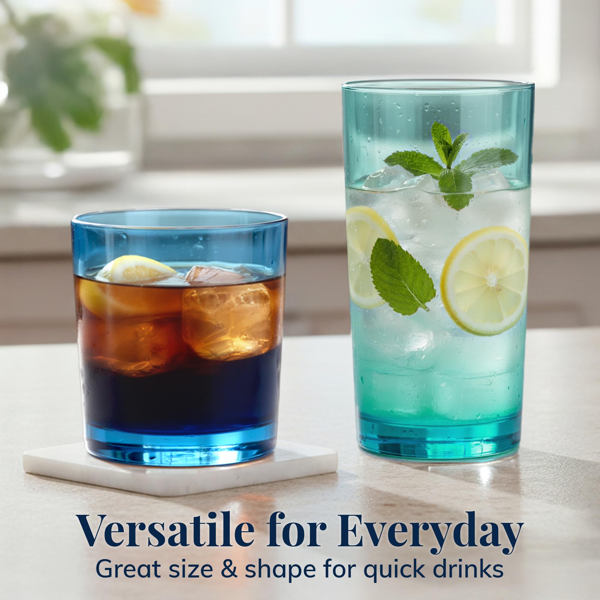 US Acrylic Vasos clásicos reutilizables de plástico (juego de 8) rocas de 12 onzas y vasos de agua de 16 onzas en colores costeros, vasos sin BPA, fabricados en Estados Unidos, aptos para lavavajillas