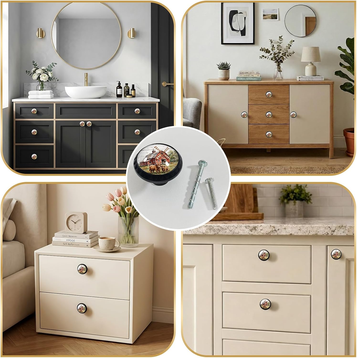 4 Pack Rustic Farm Highland Cow Cabinet Knobs Pulls, Crystal Glass Round Drawer Dresser Knob for Home Dresser Kitchen Wardrobe Cupboard Door Handles