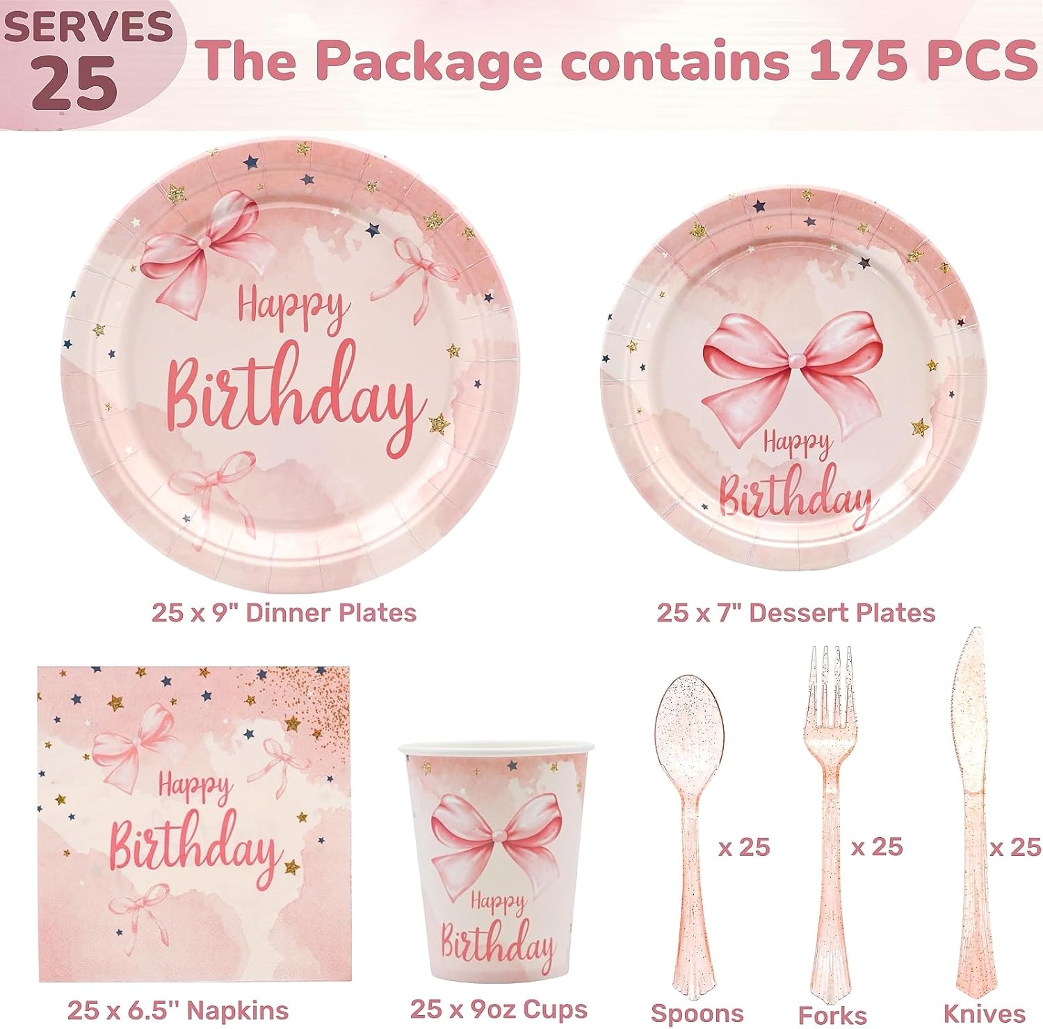 175PCS Pink Bow Birthday Plates and Napkins Party Supplies, Disposable Pink Bow Party Paper Plates for 25 Guests Gold Dot Plastic Forks Knives Spoons Paper Napkins Cups for Girls Coquette Birthday