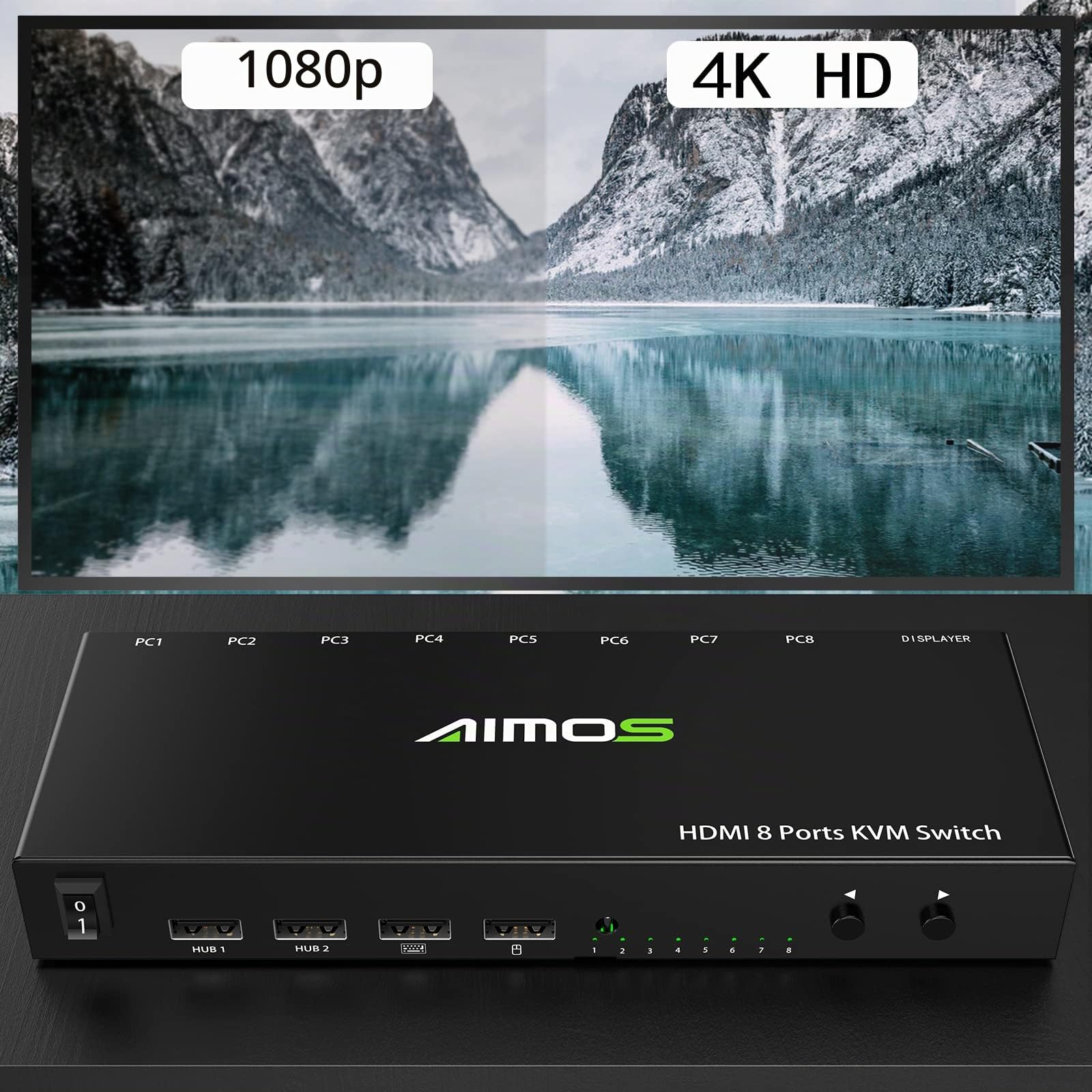 AIMOS KVM Switch, HDMI Conmutador 8 Entradas 1 Salida USB 2.0 Switcher Hub, Selector De Mouse y Teclado Admite 4K @ 30Hz 3D para Computadora Portátil, PC, PS4, Xbox HDTV