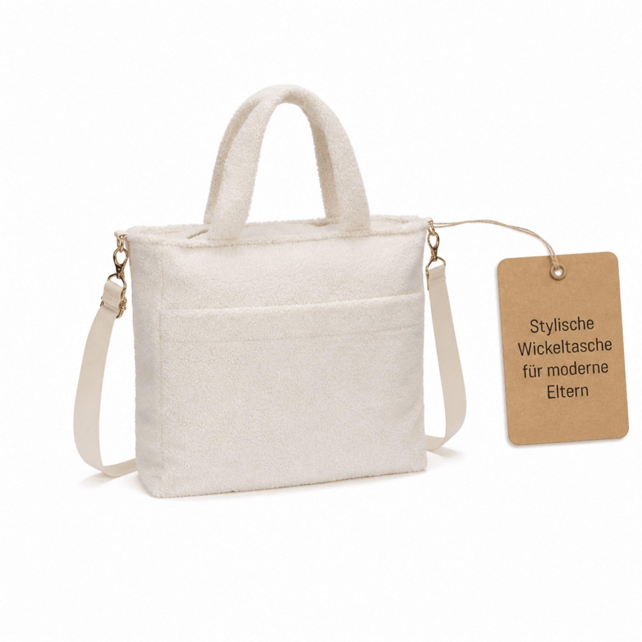 Fillikid Wickeltasche Teddy Big Exklusiv | Stilvolle Wickeltasche aus weichem Teddy-Material | Mit goldenen Details Wickelauflage, Schultertragegurt & Befestigungshaken für Kinderwagen und Buggys
