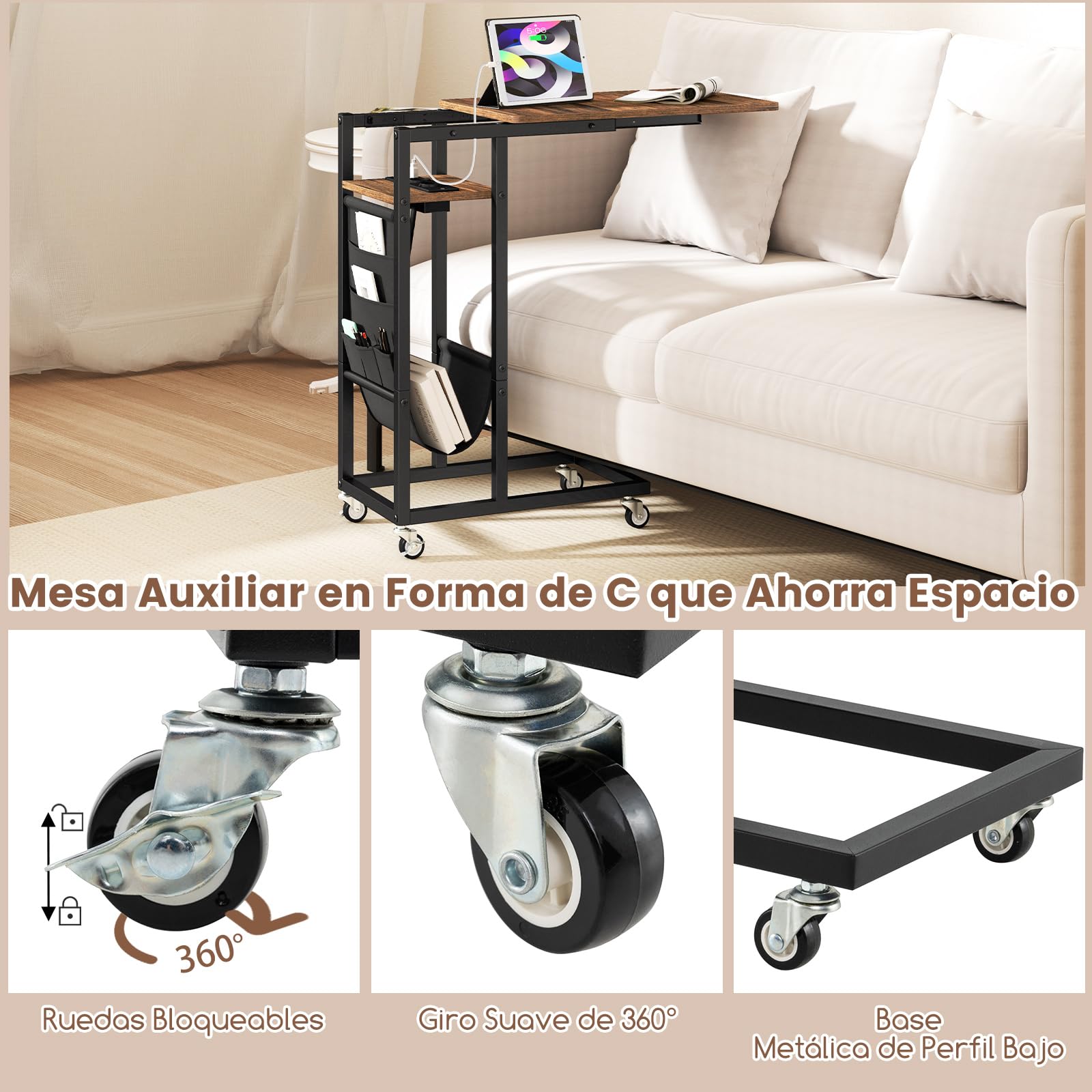 GYMAX Mesa Lateral con 4 Ruedas, Mesa con Superficie Extensible, Mesa en Forma de C, Mesa de Noche con Bolsillo y Estación de Carga, Ideal para Sala de Estar y Dormitorio (Marrón Rústico)