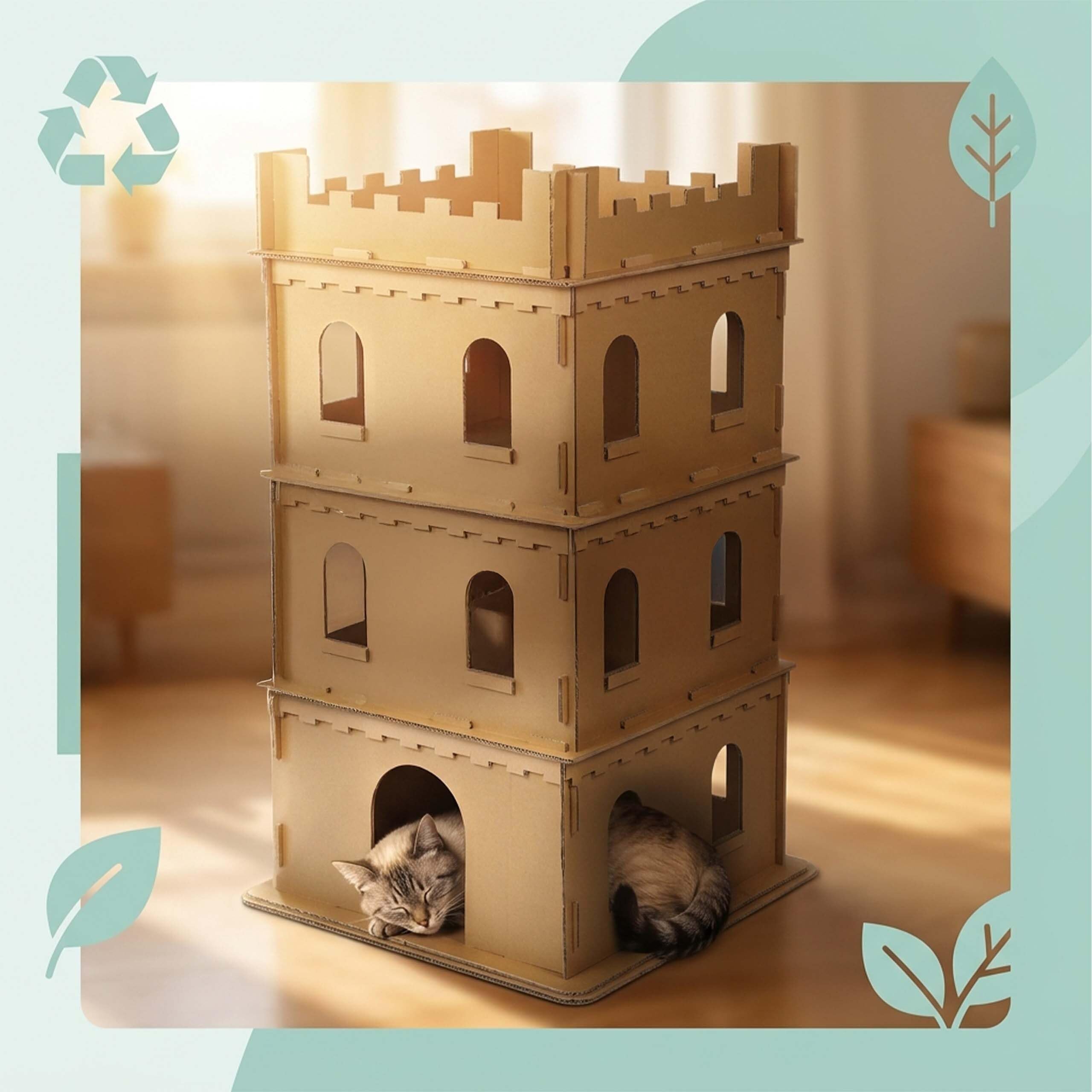 Relaxdays Castillo de Gatos, 3 Pisos, Cerradura para Gatos, casa de cartón para Pintar, Sistema de Ranuras, Altura 107,5 x 62 x 62 cm, cartón, marrón